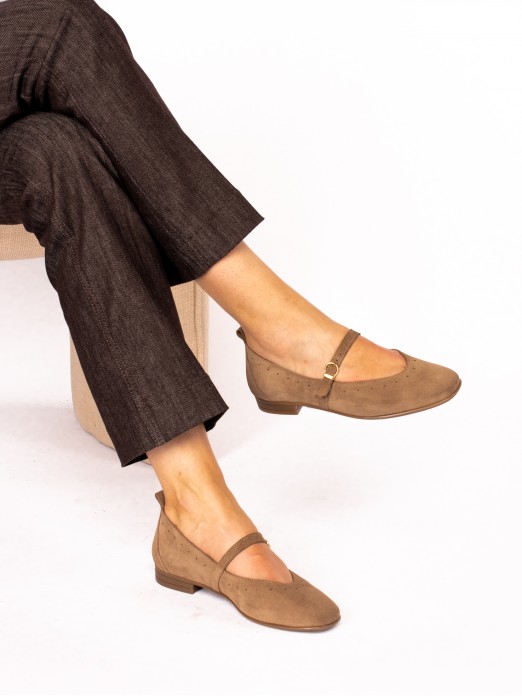 Suede Mary Jane shoes with perforated detail