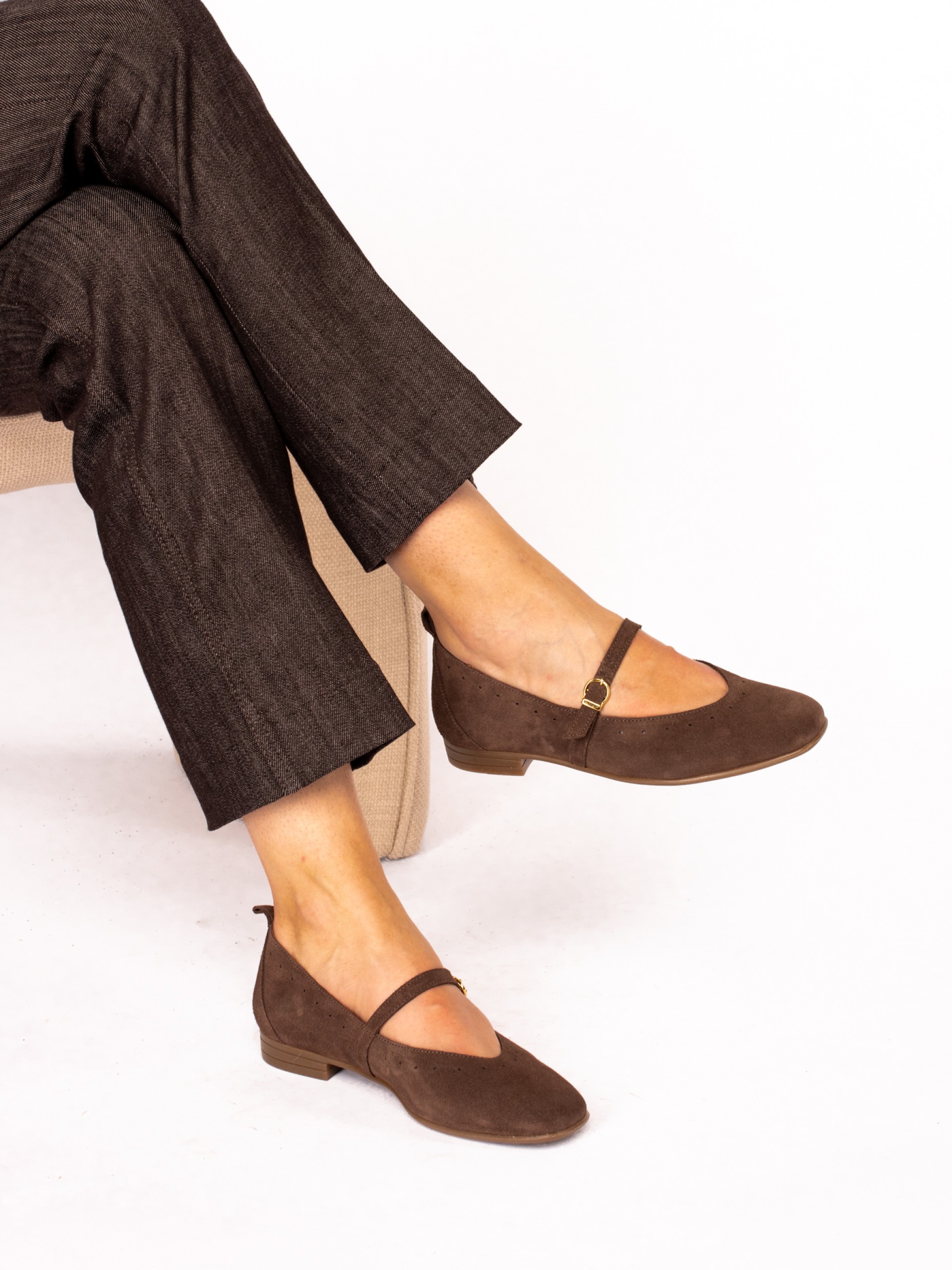 Suede Mary Jane shoes with perforated detail