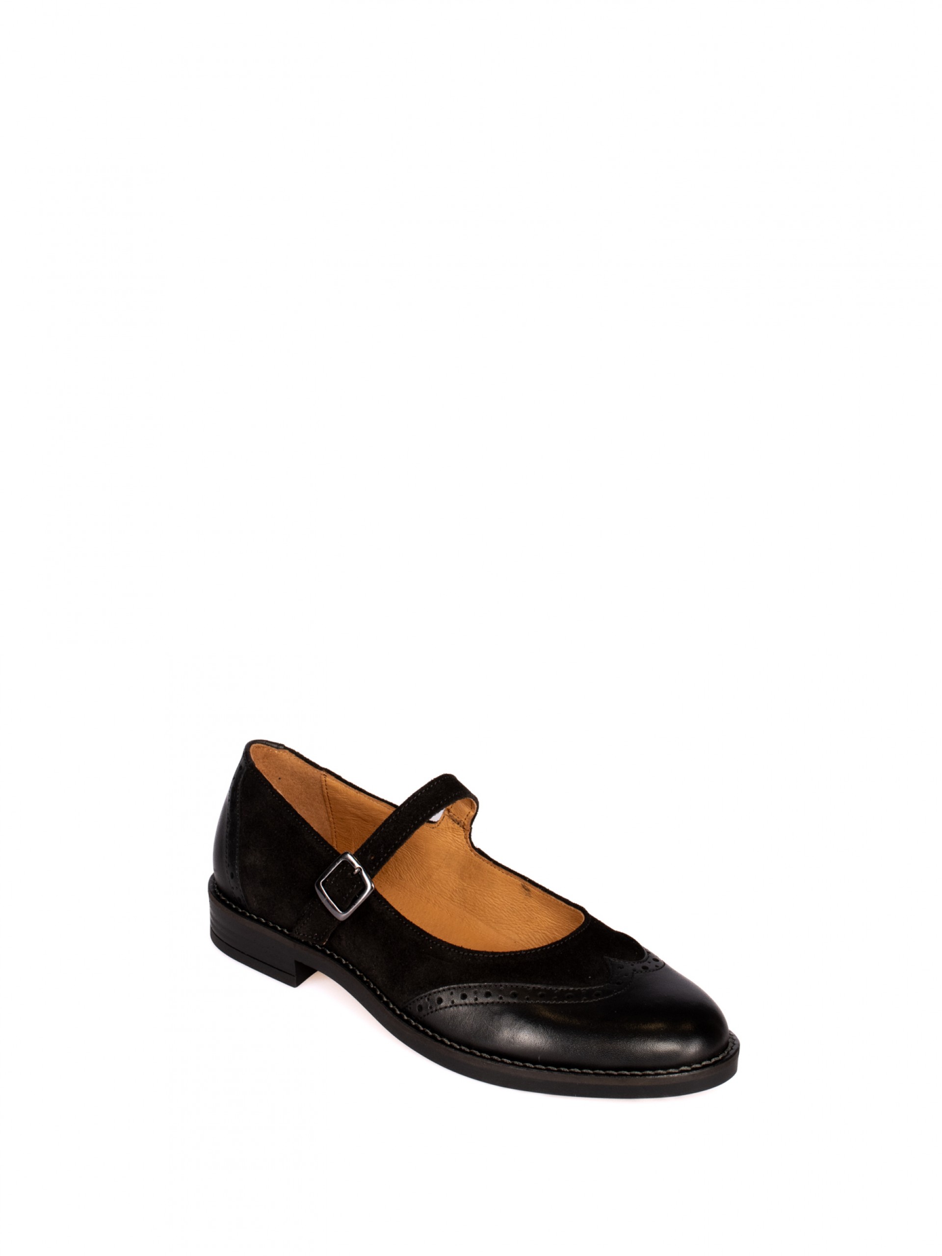 Sapato Mary Jane em Pele e Camurça