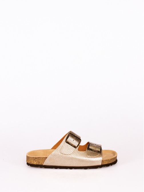 Bio Slipper with Two Buckles in Metallic Leather