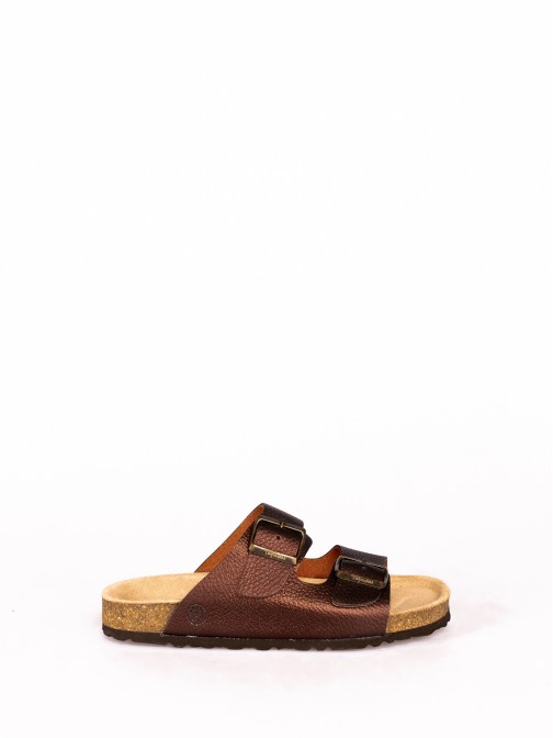 Bio Slipper with Two Buckles in Metallic Leather