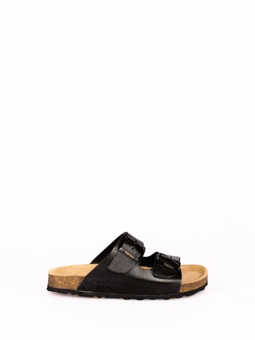 Bio Slipper with Two Buckles in Metallic Leather