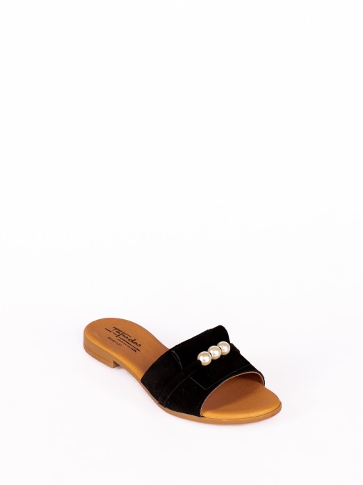 Suede Flip Flops with Pearl Detail
