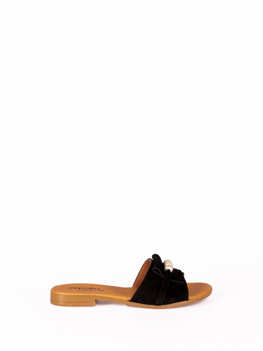 Suede Flip Flops with Pearl Detail