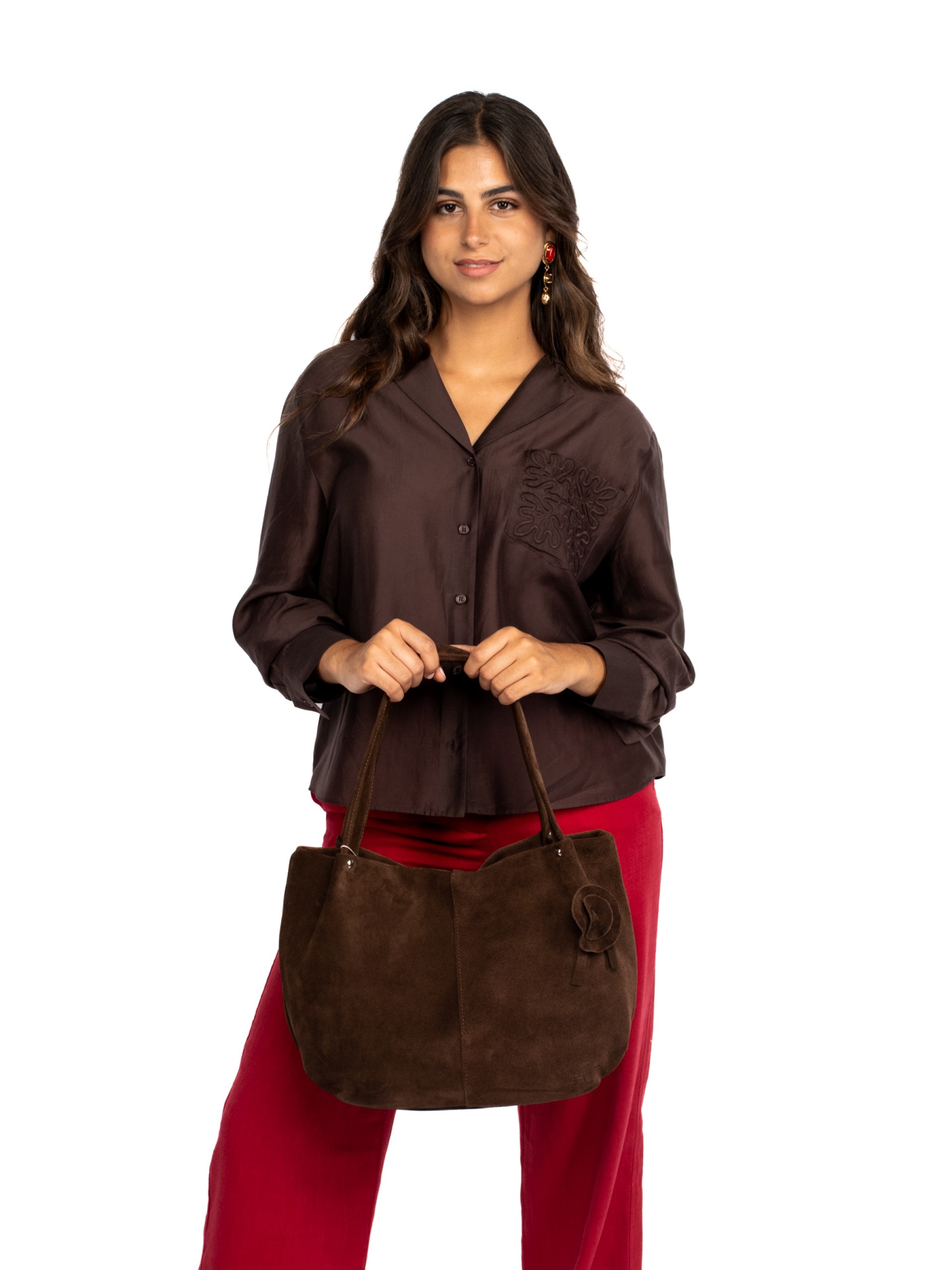 Mala de ombro em camurça com flor