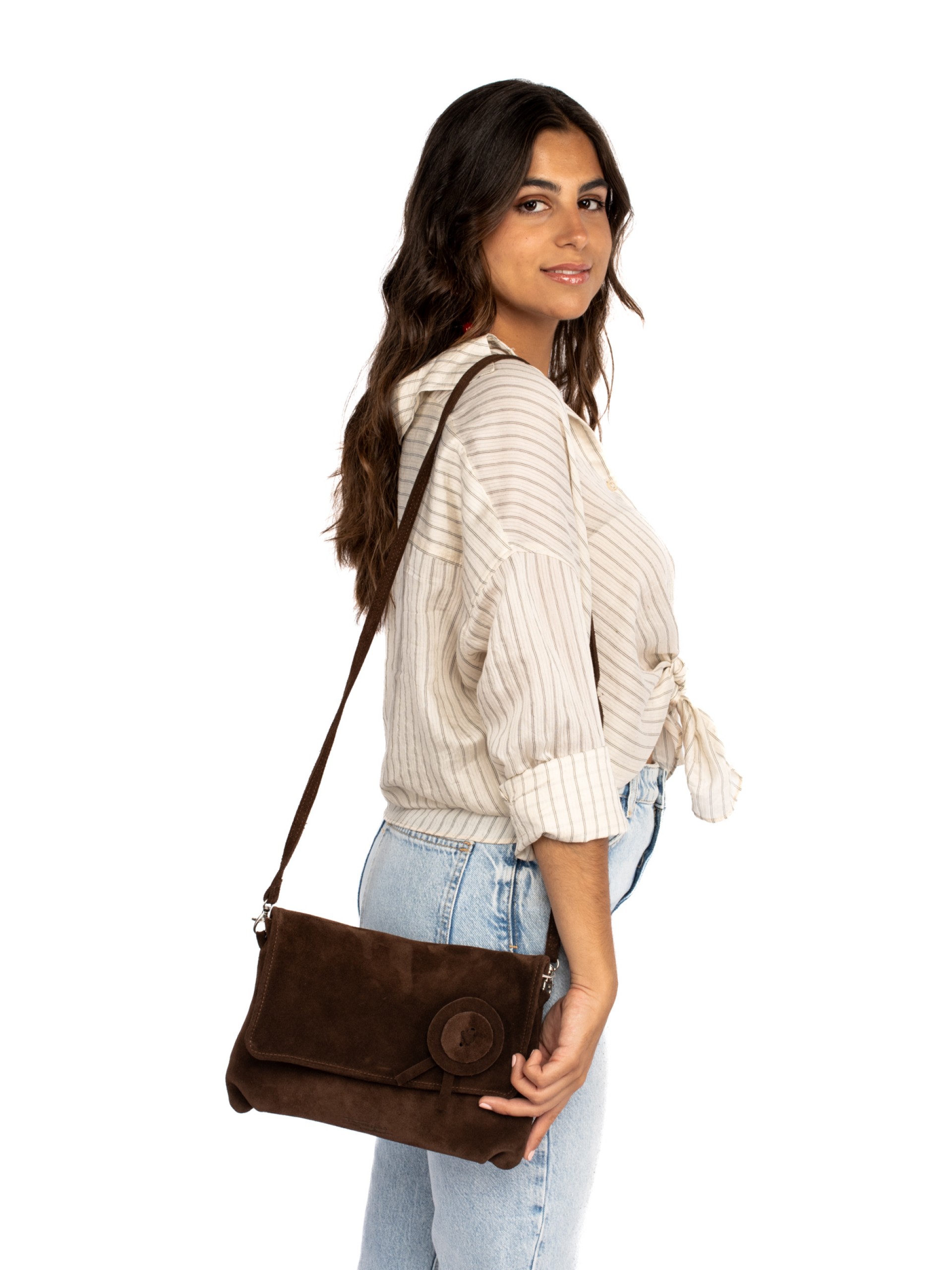 MALA TIRACOLO EM CAMURÇA COM FLOR