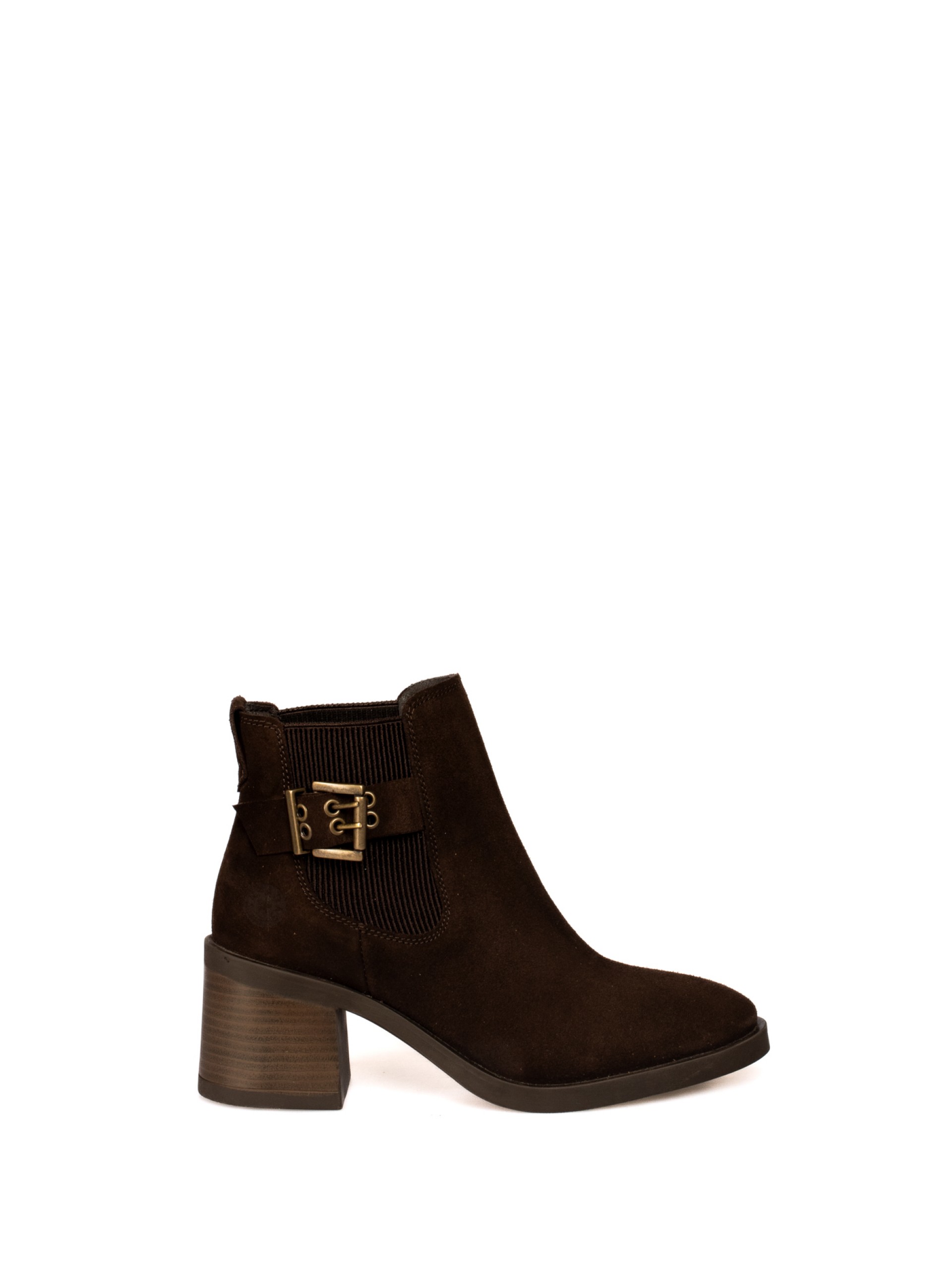 Suede heeled ankle boot with elastic and buckle