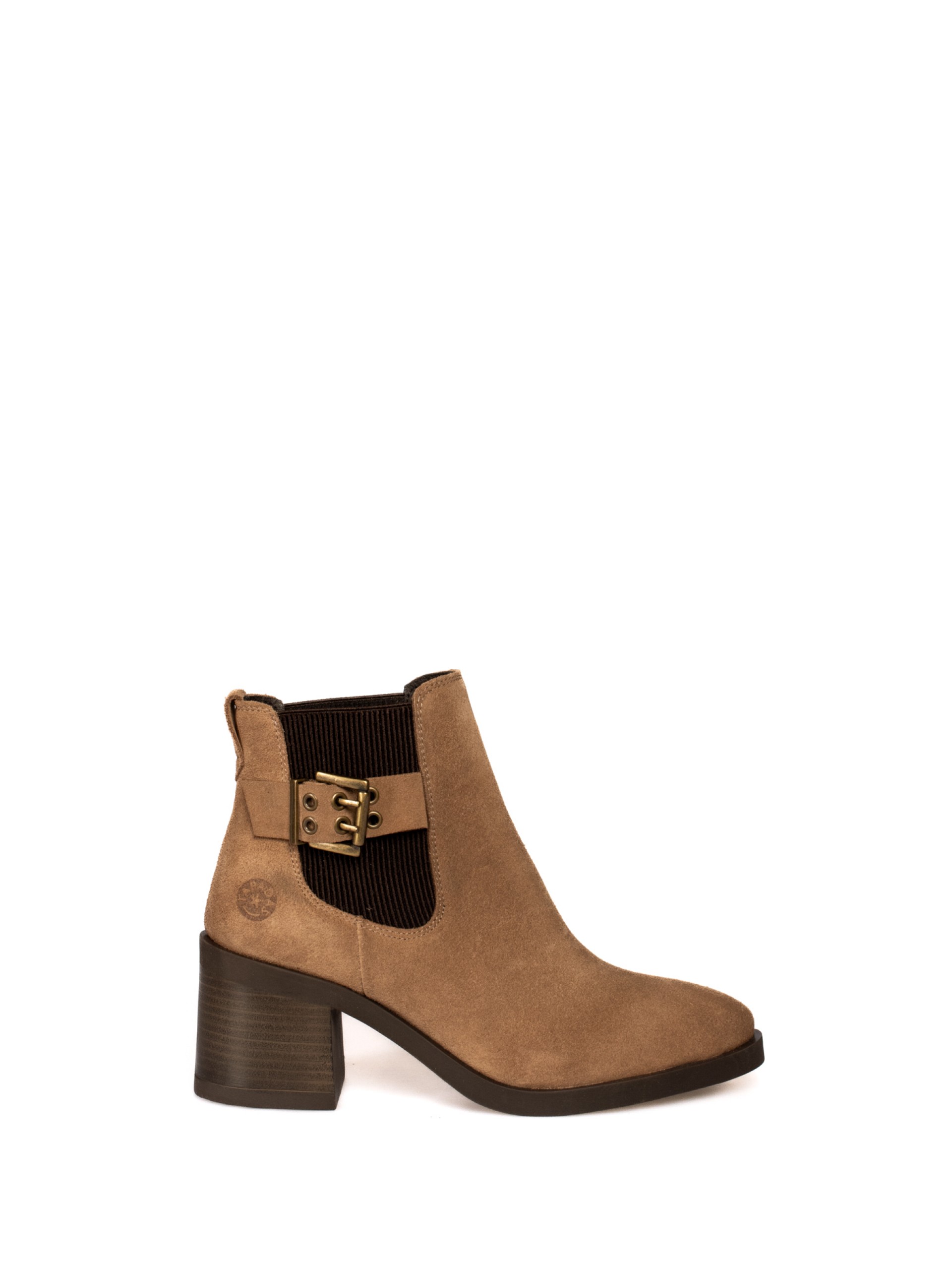 Suede heeled ankle boot with elastic and buckle