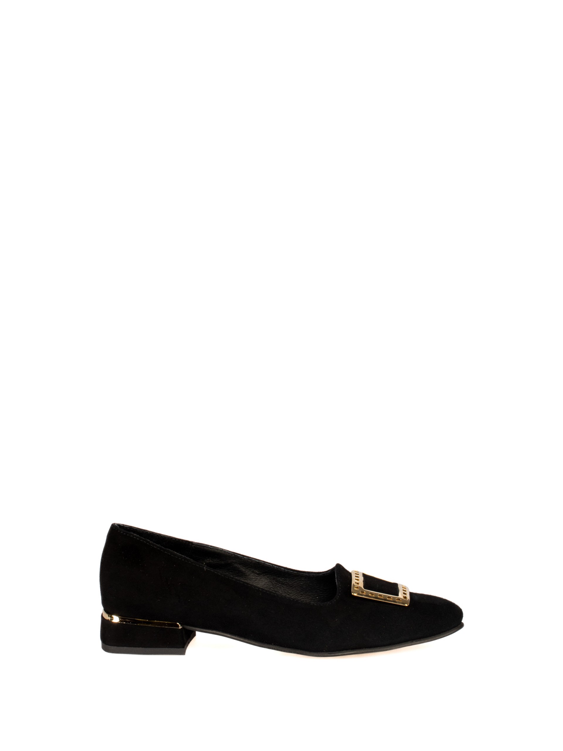 Low-heeled suede shoe with gold detail.