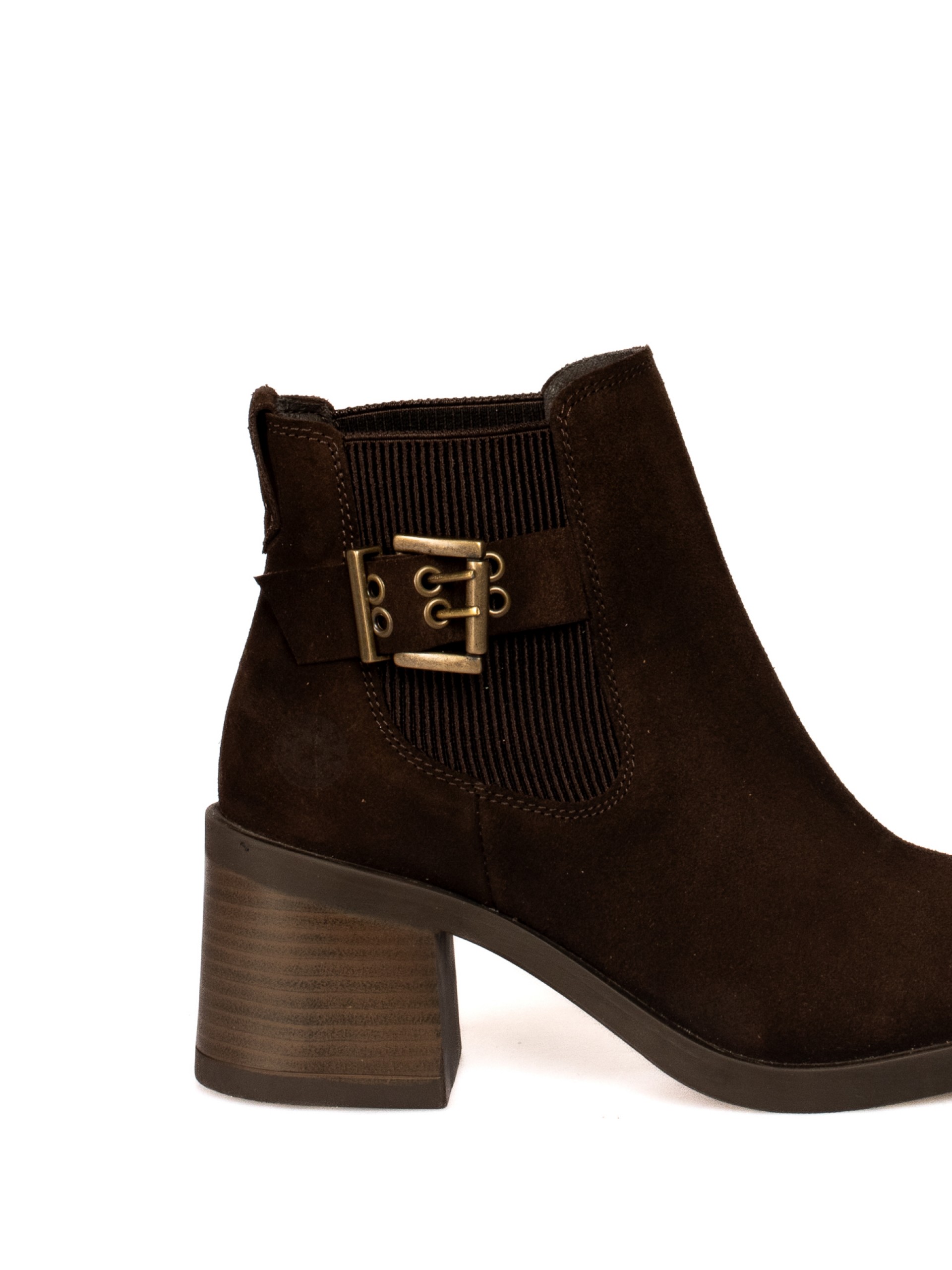 Suede heeled ankle boot with elastic and buckle