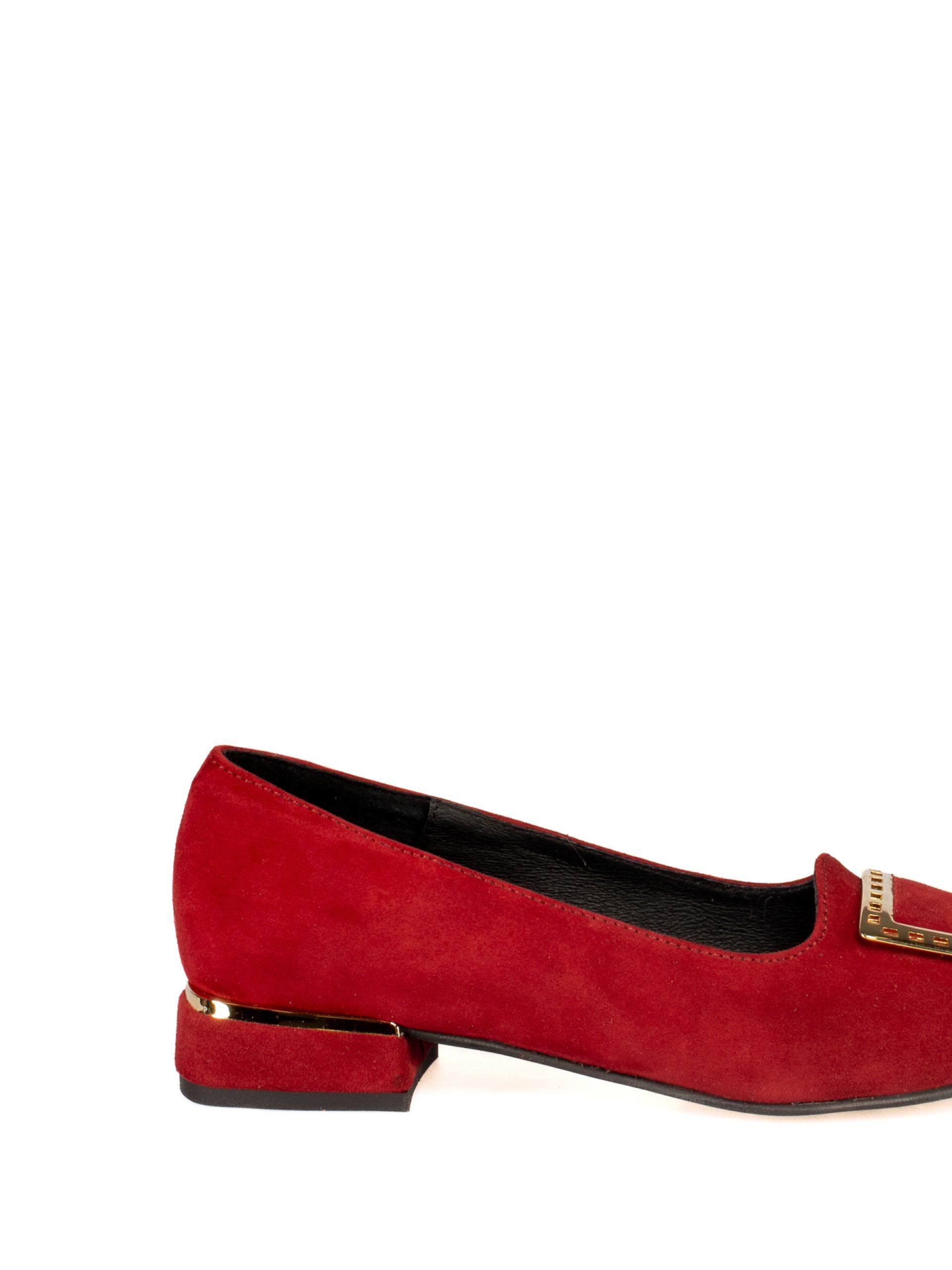 Low-heeled suede shoe with gold detail.