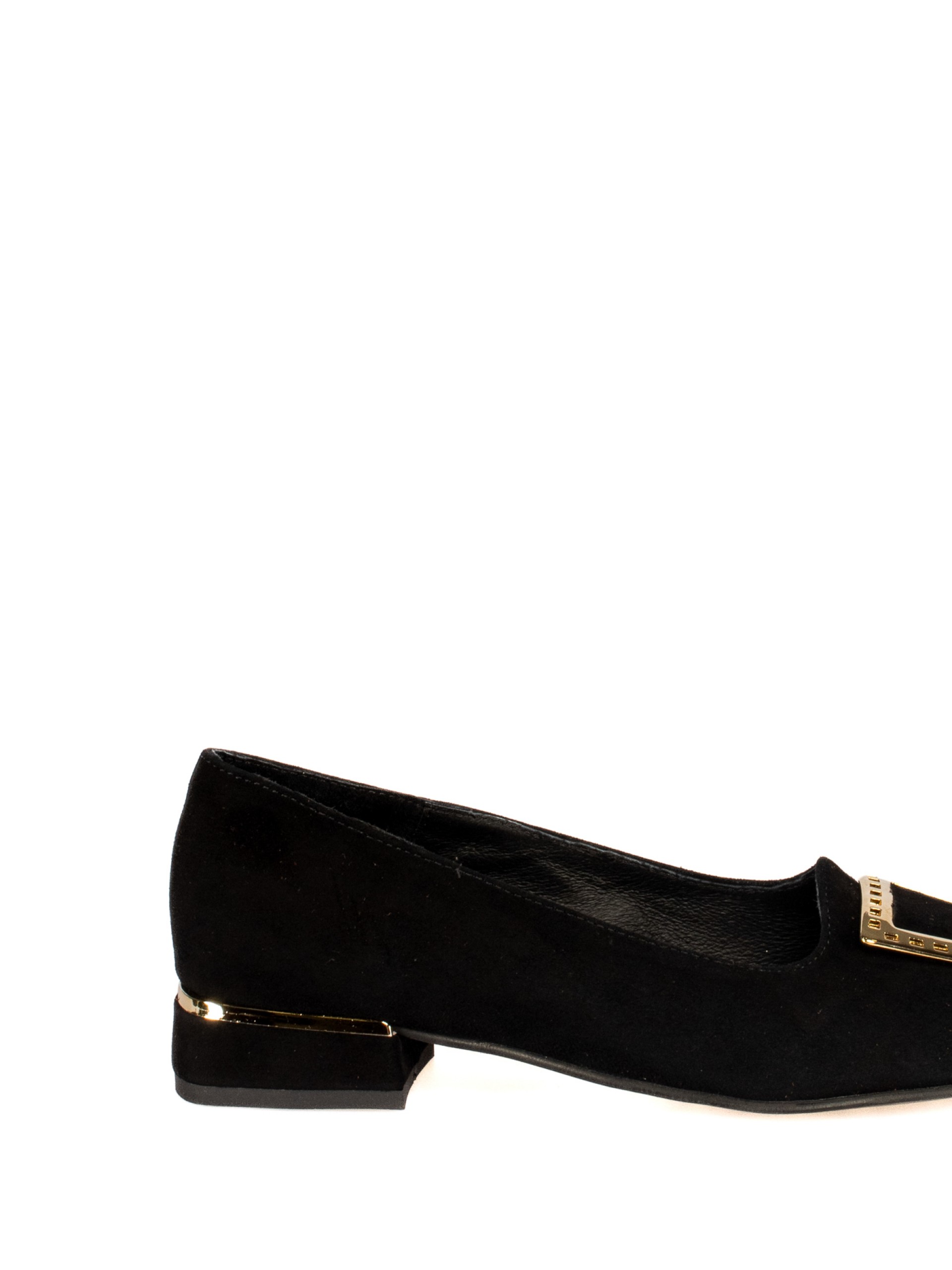 Low-heeled suede shoe with gold detail.
