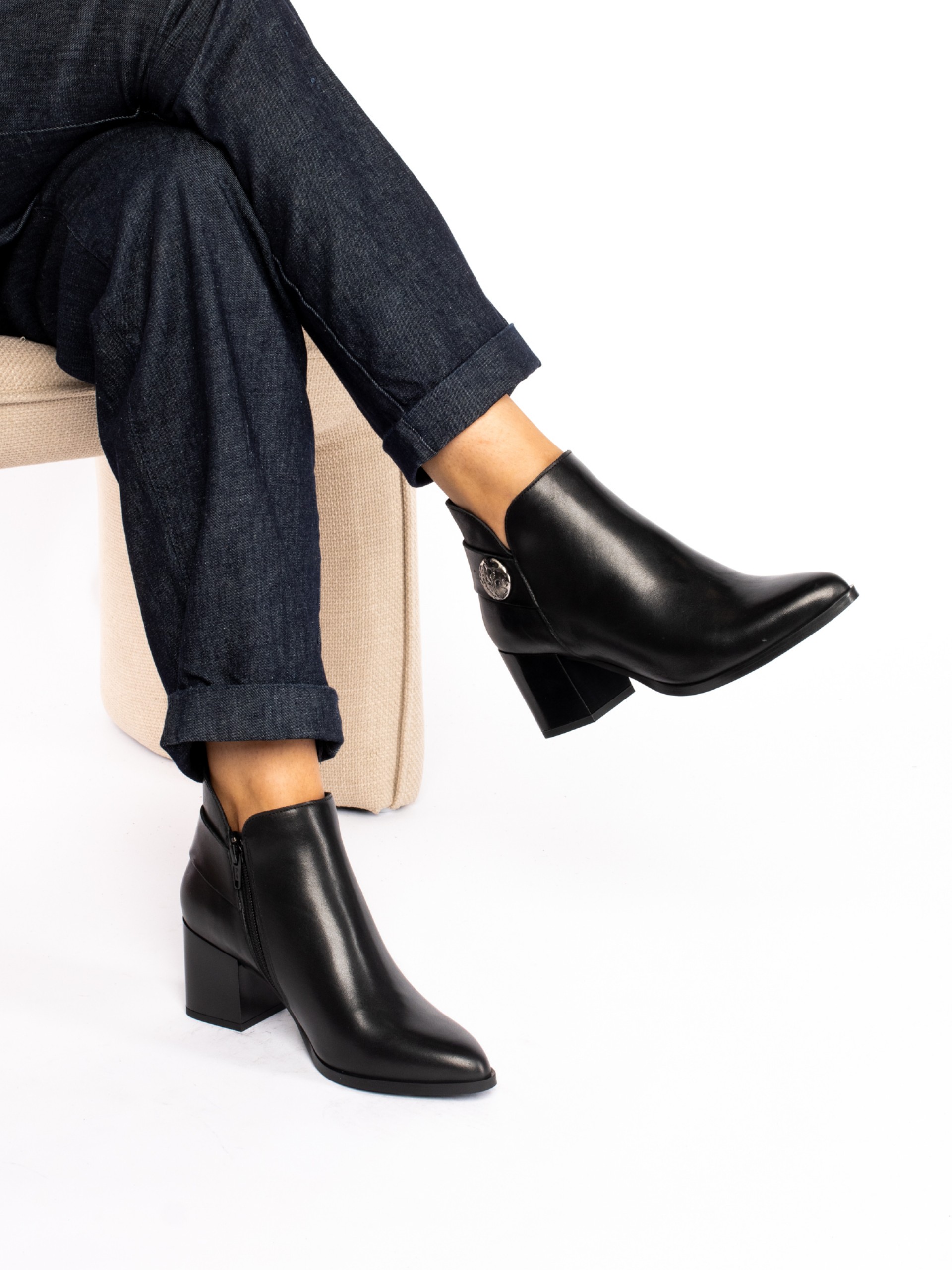 Leather ankle boot with appliqué strap