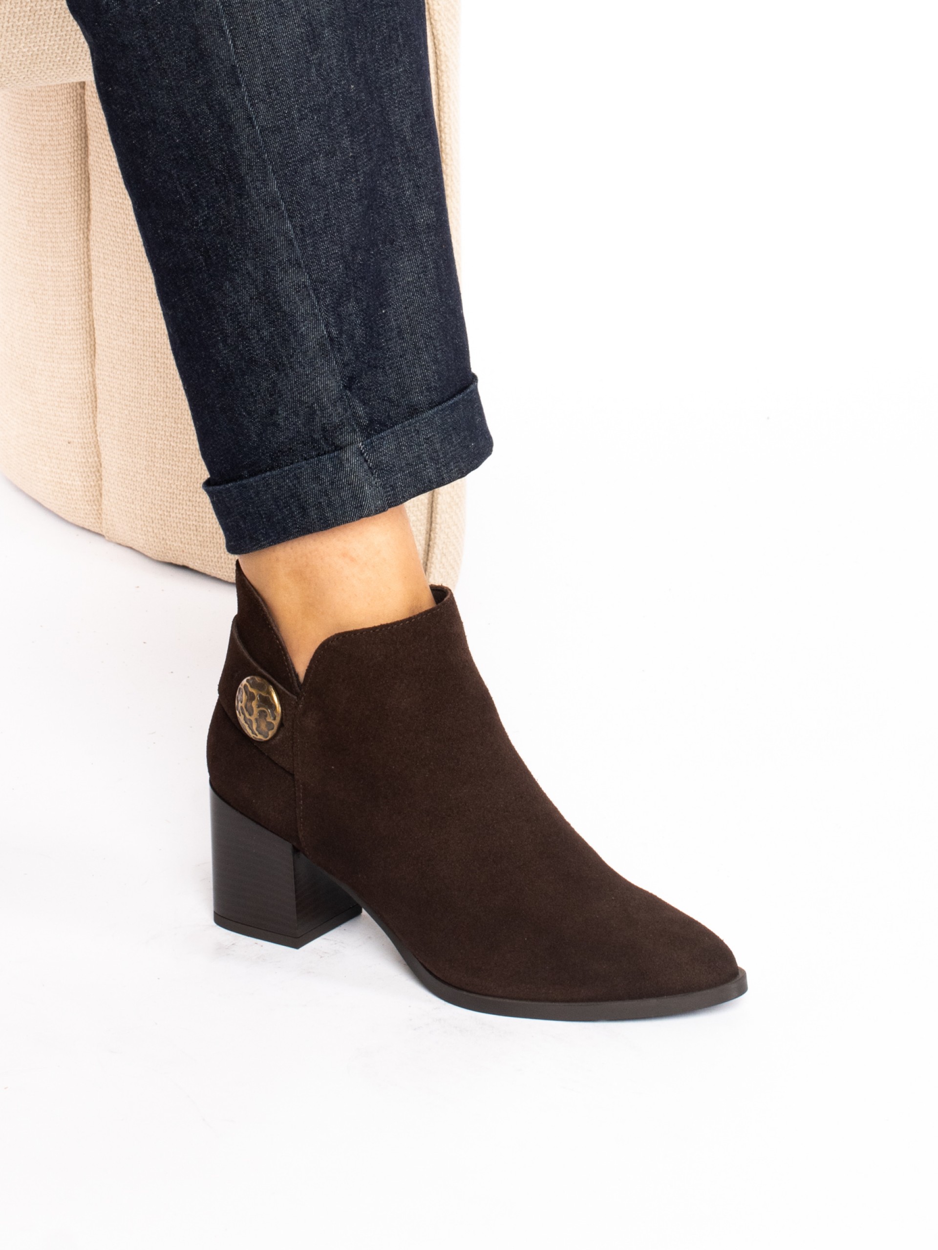 Suede ankle boot with appliqué strap