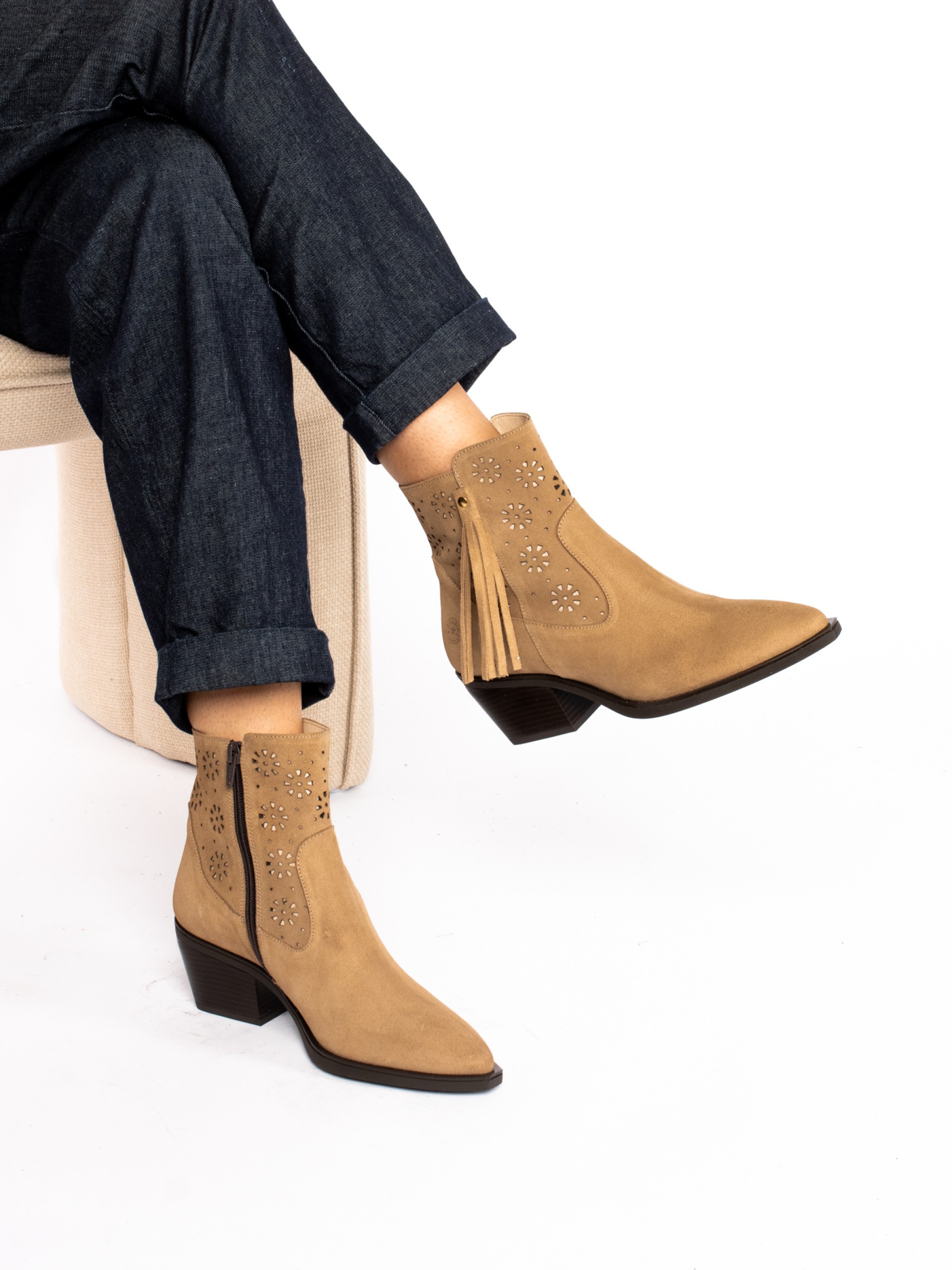 Suede Texan Ankle Boots with Fringes
