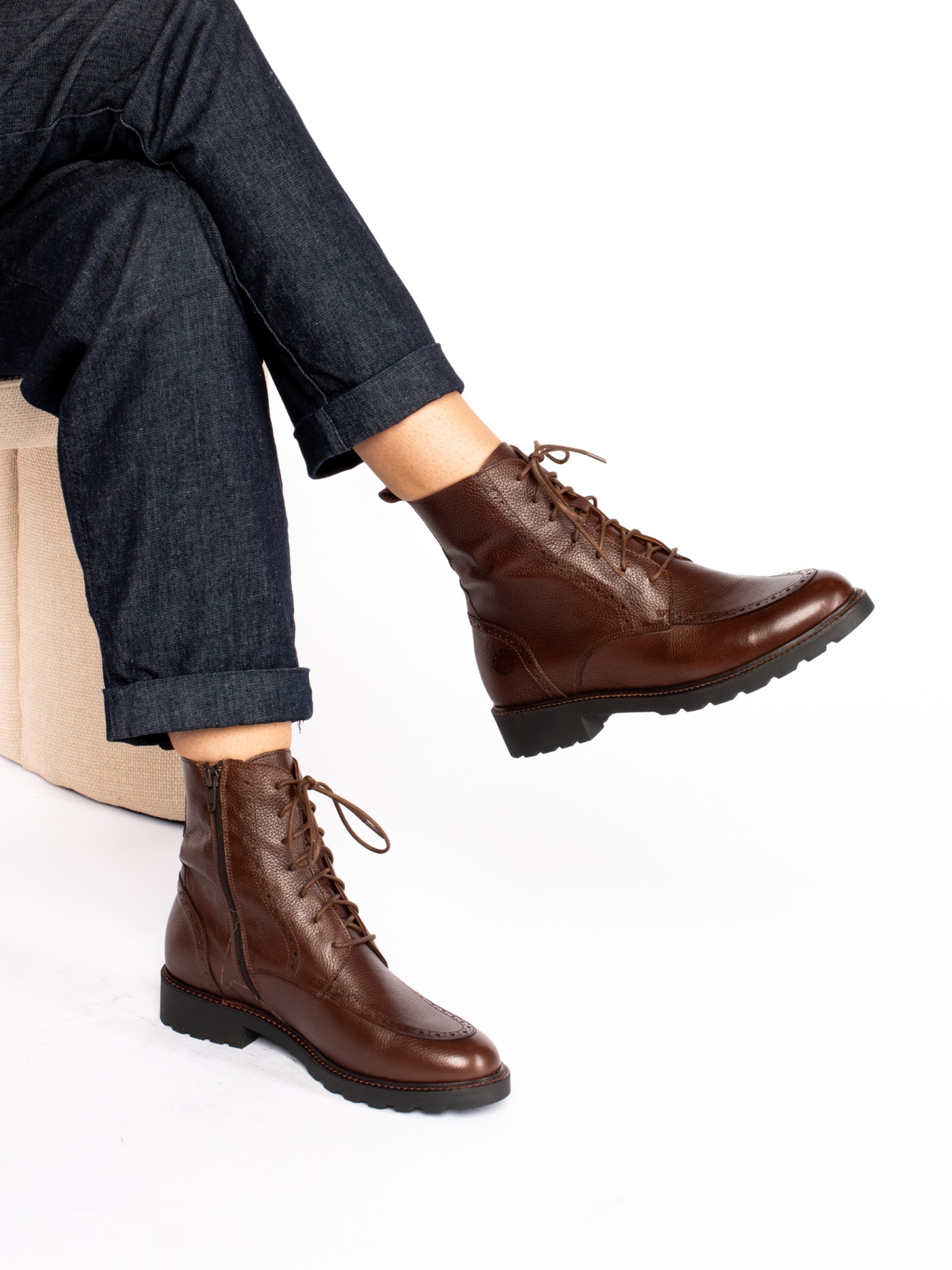 Lace-up ankle boot in embossed leather