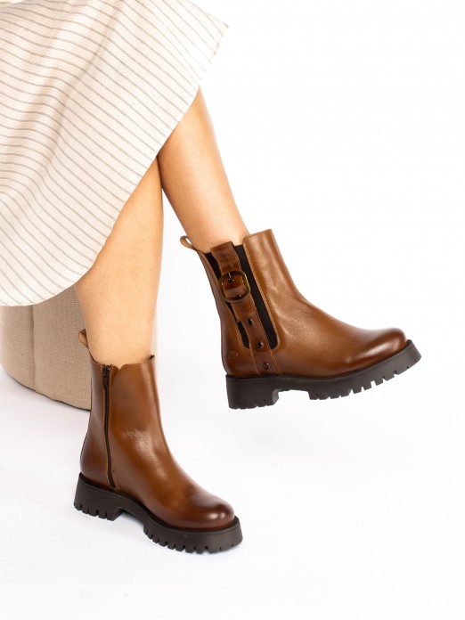 Thick-Soled Leather Boot with Buckle