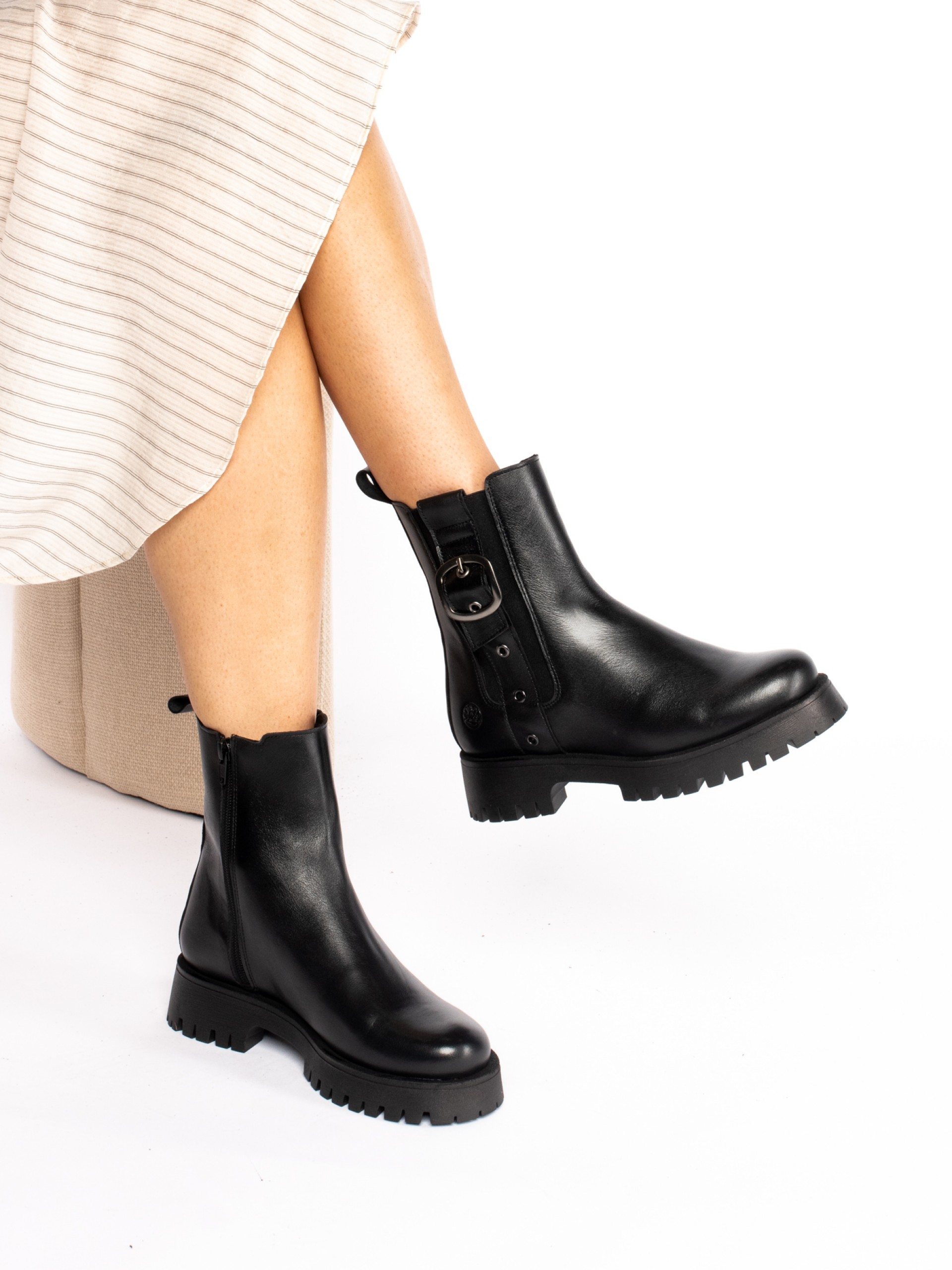 Thick-Soled Leather Boot with Buckle