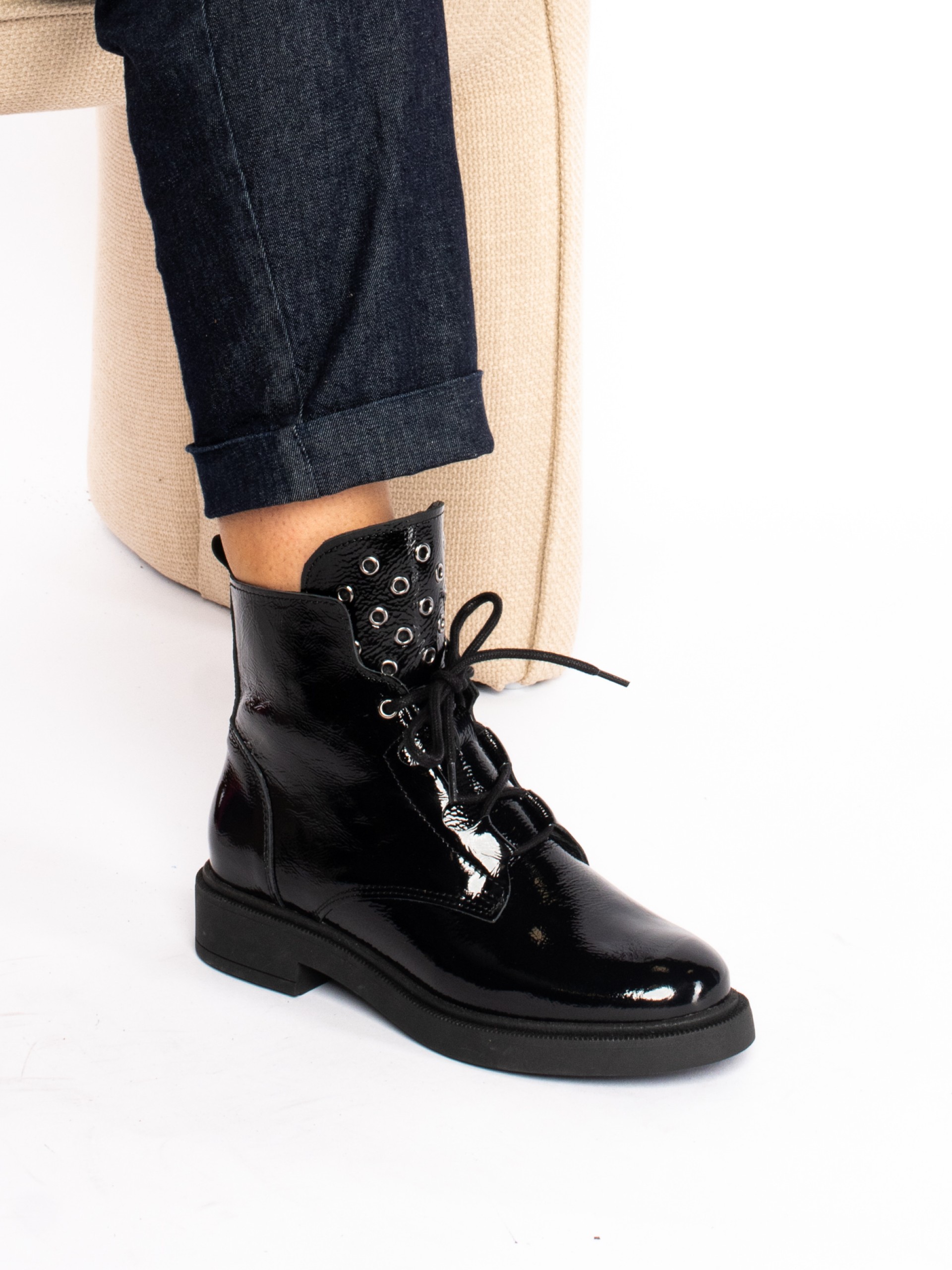 Patent leather lace-up boots