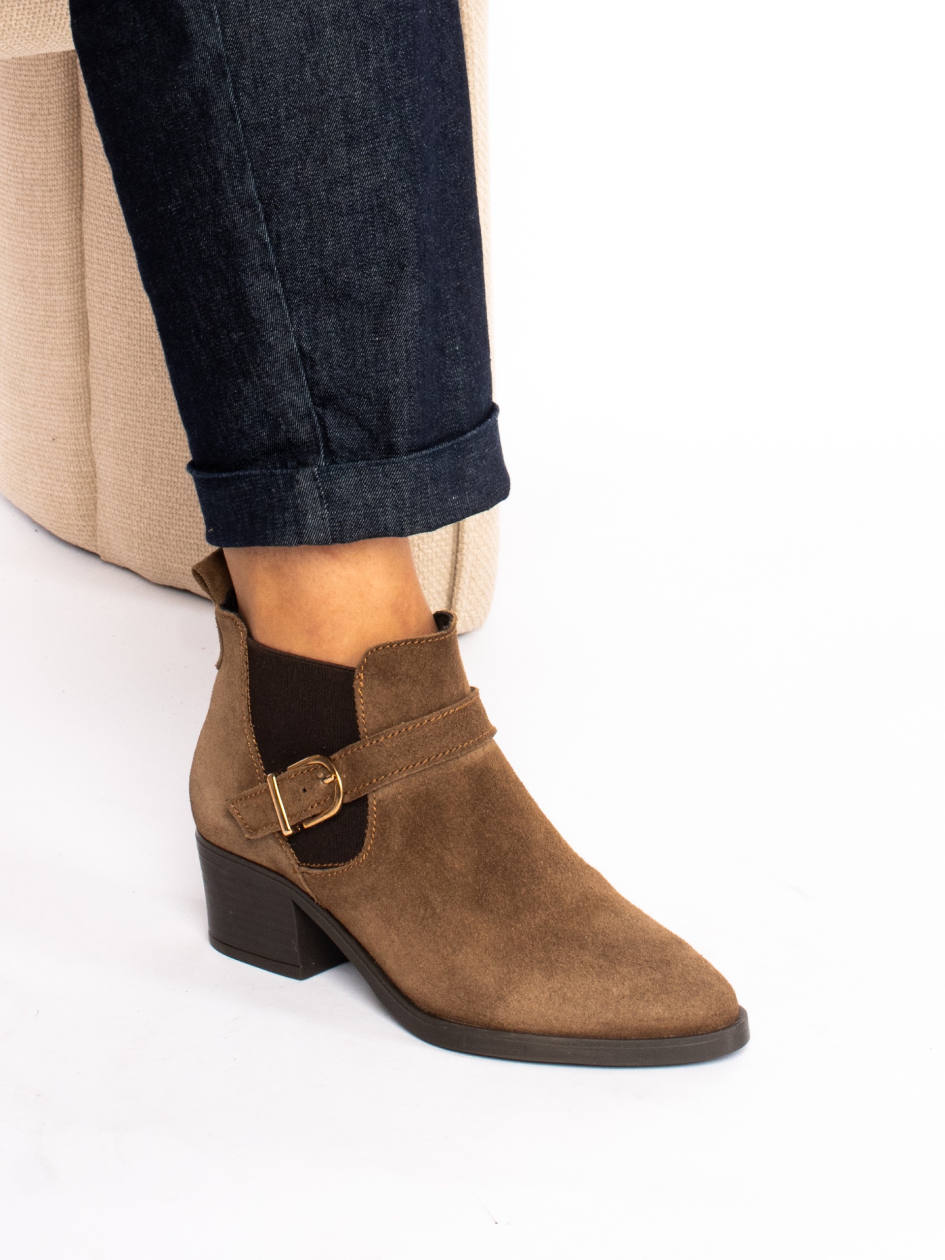 Suede ankle boots with elastic and buckle