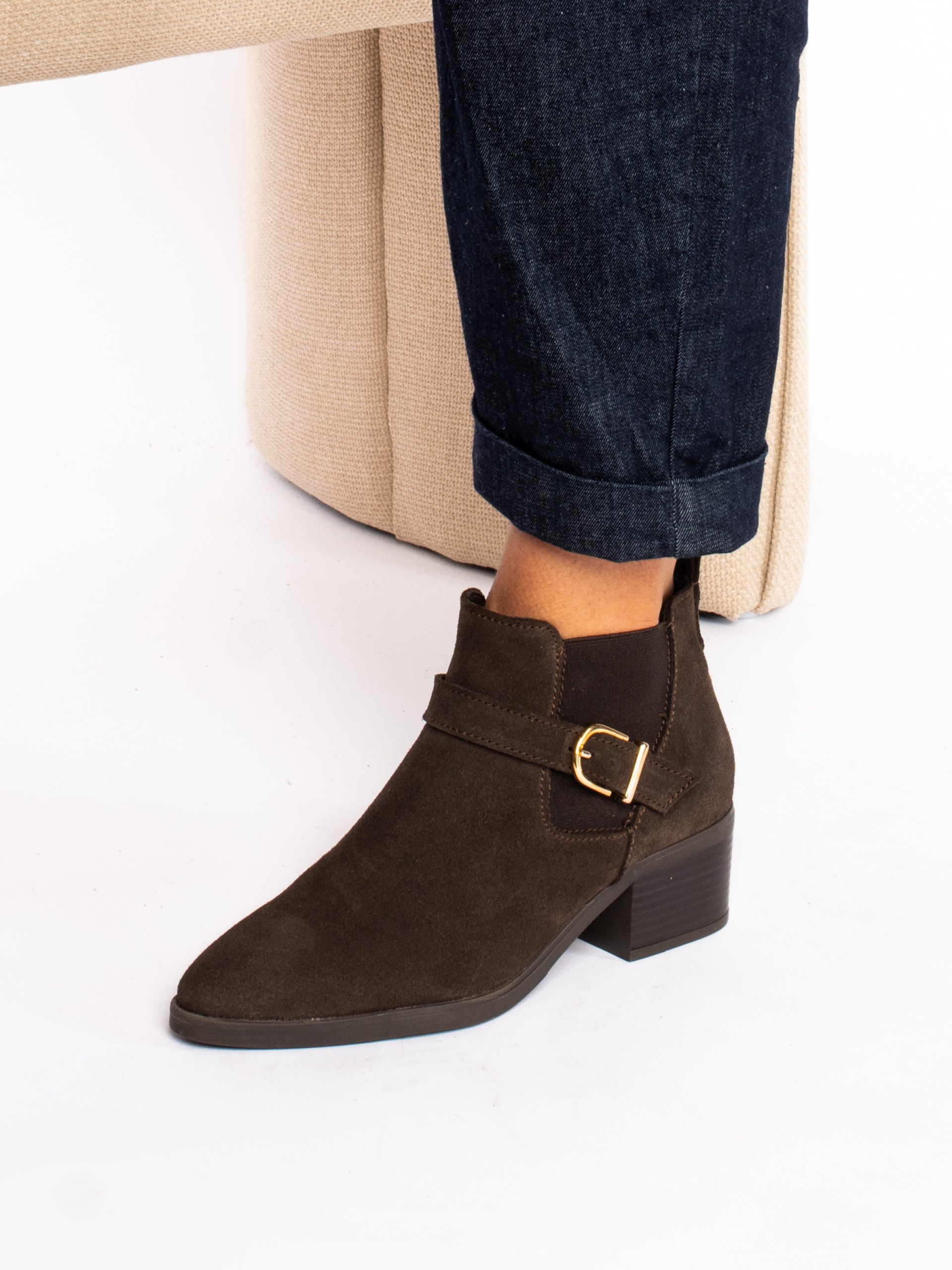 Suede ankle boots with elastic and buckle