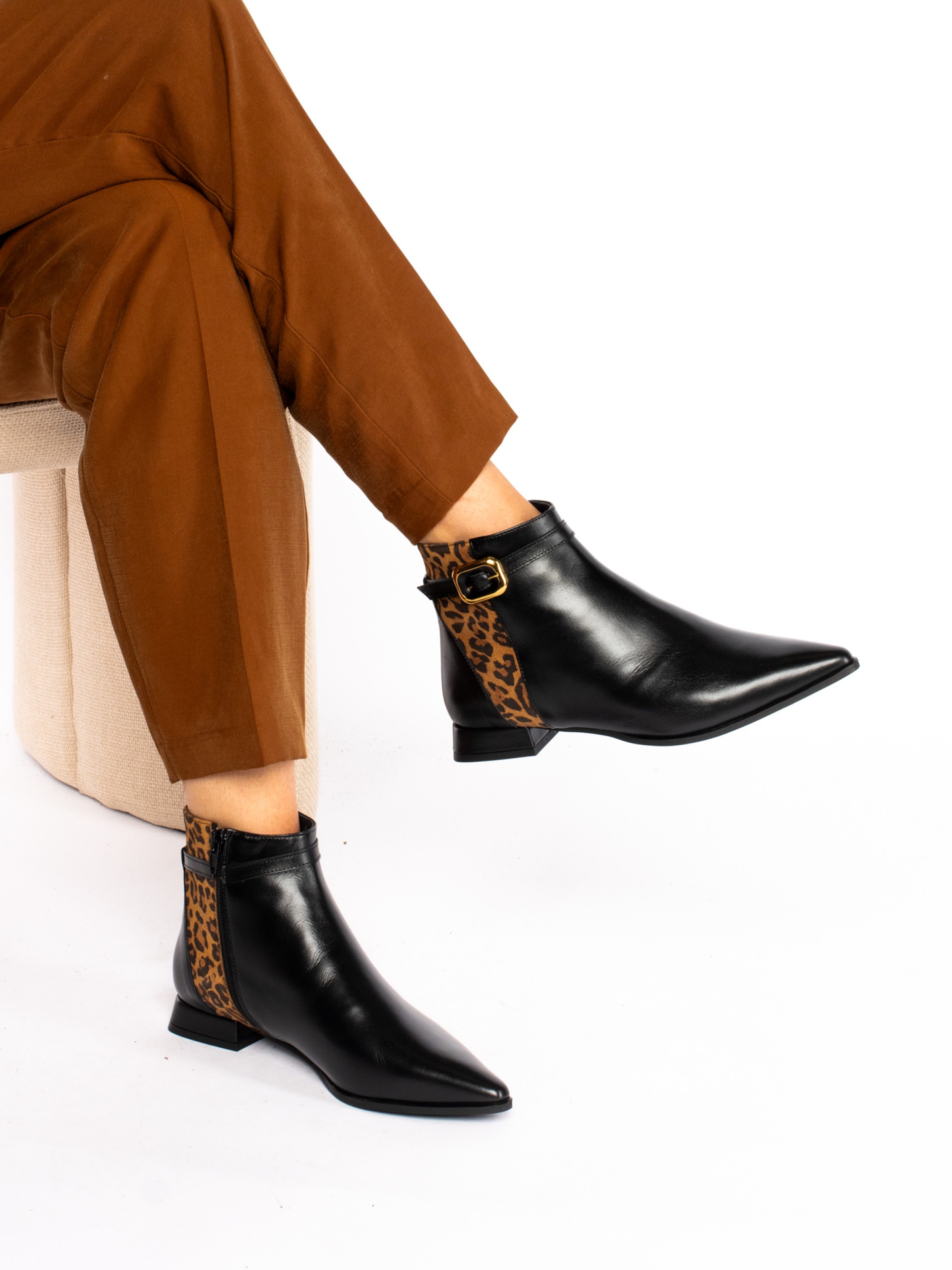 Short Ankle Boot in Leather and Suede Animal Print