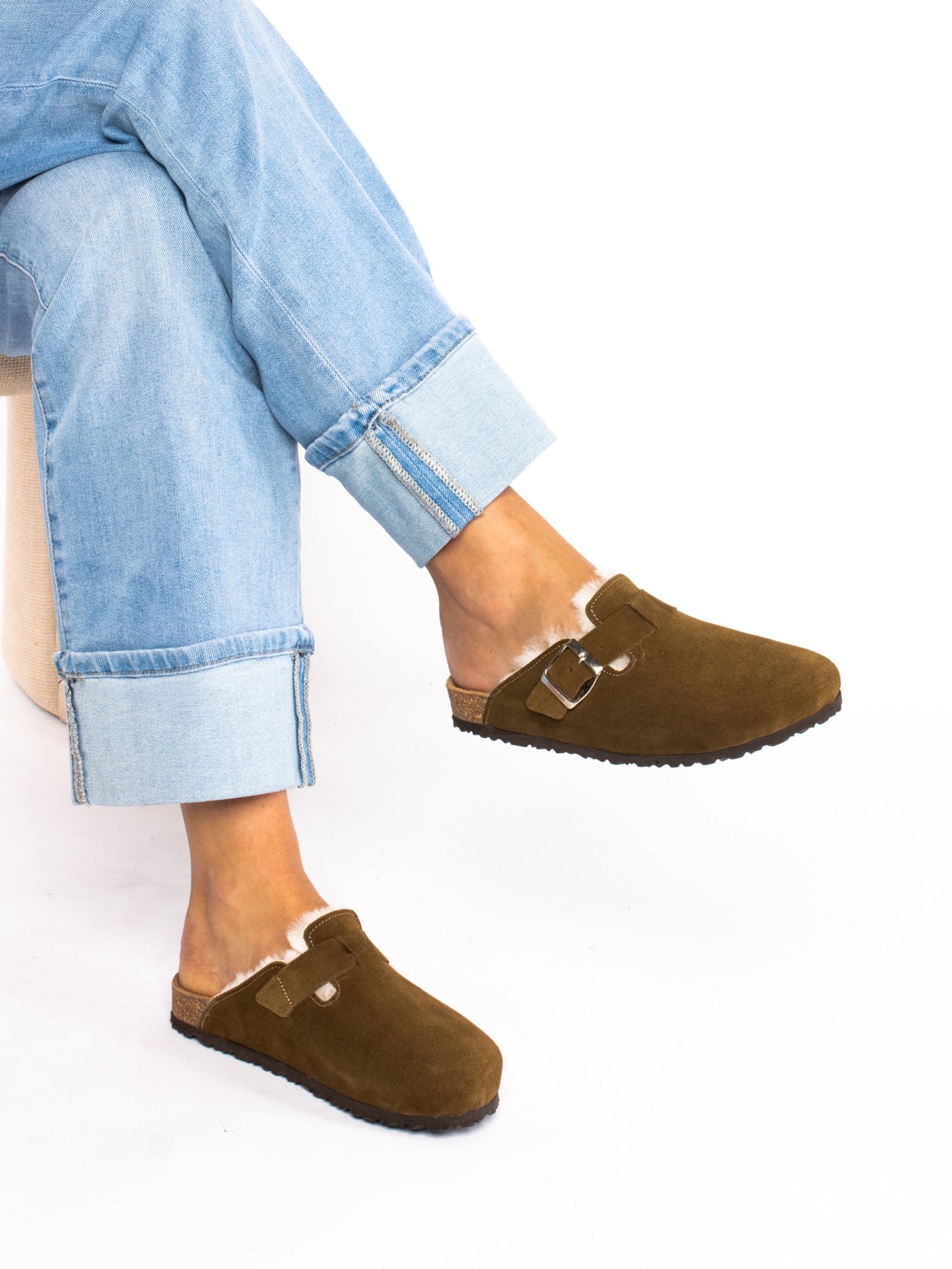 Suede Clogs with Fur