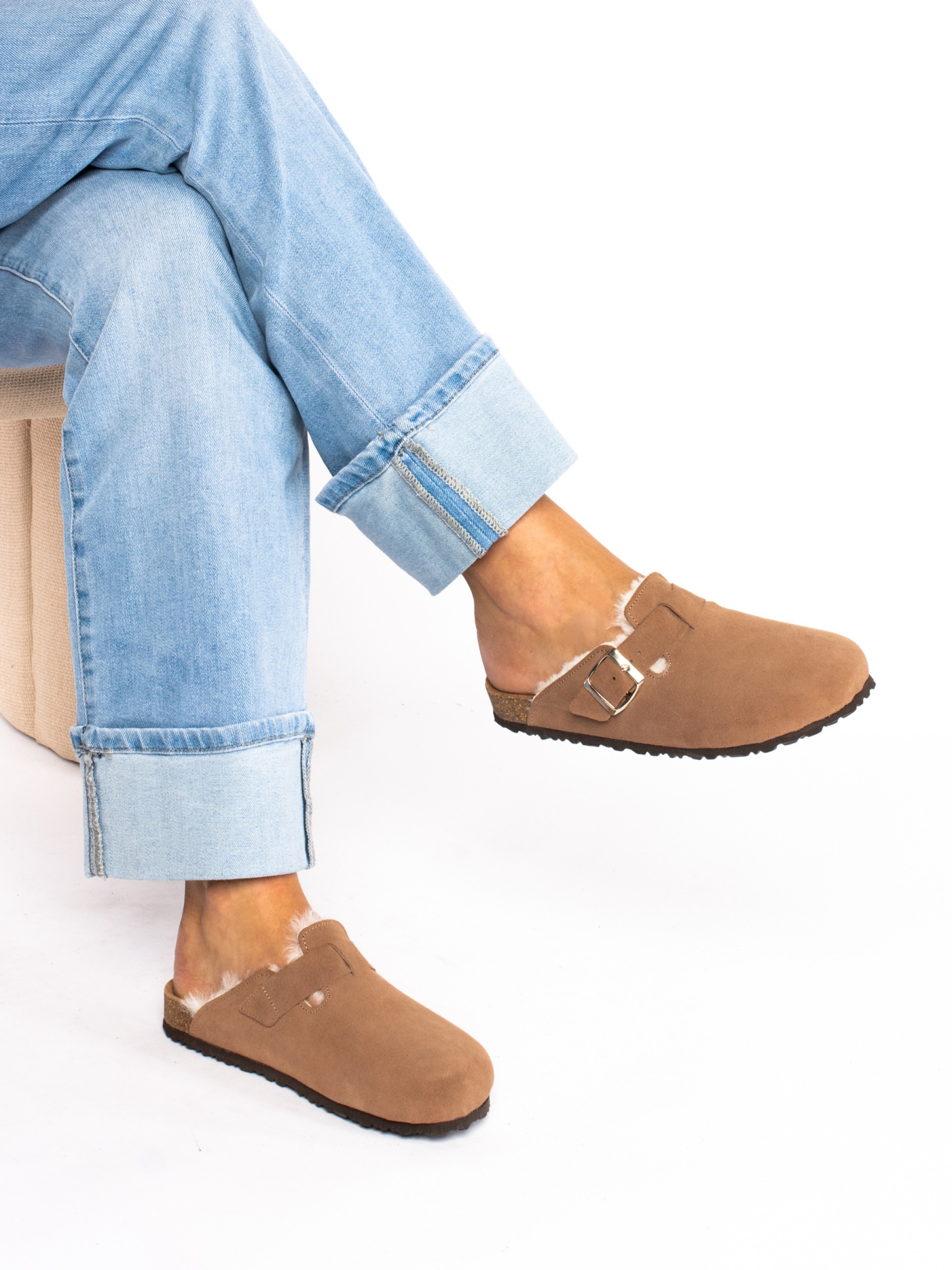 Suede Clogs with Fur