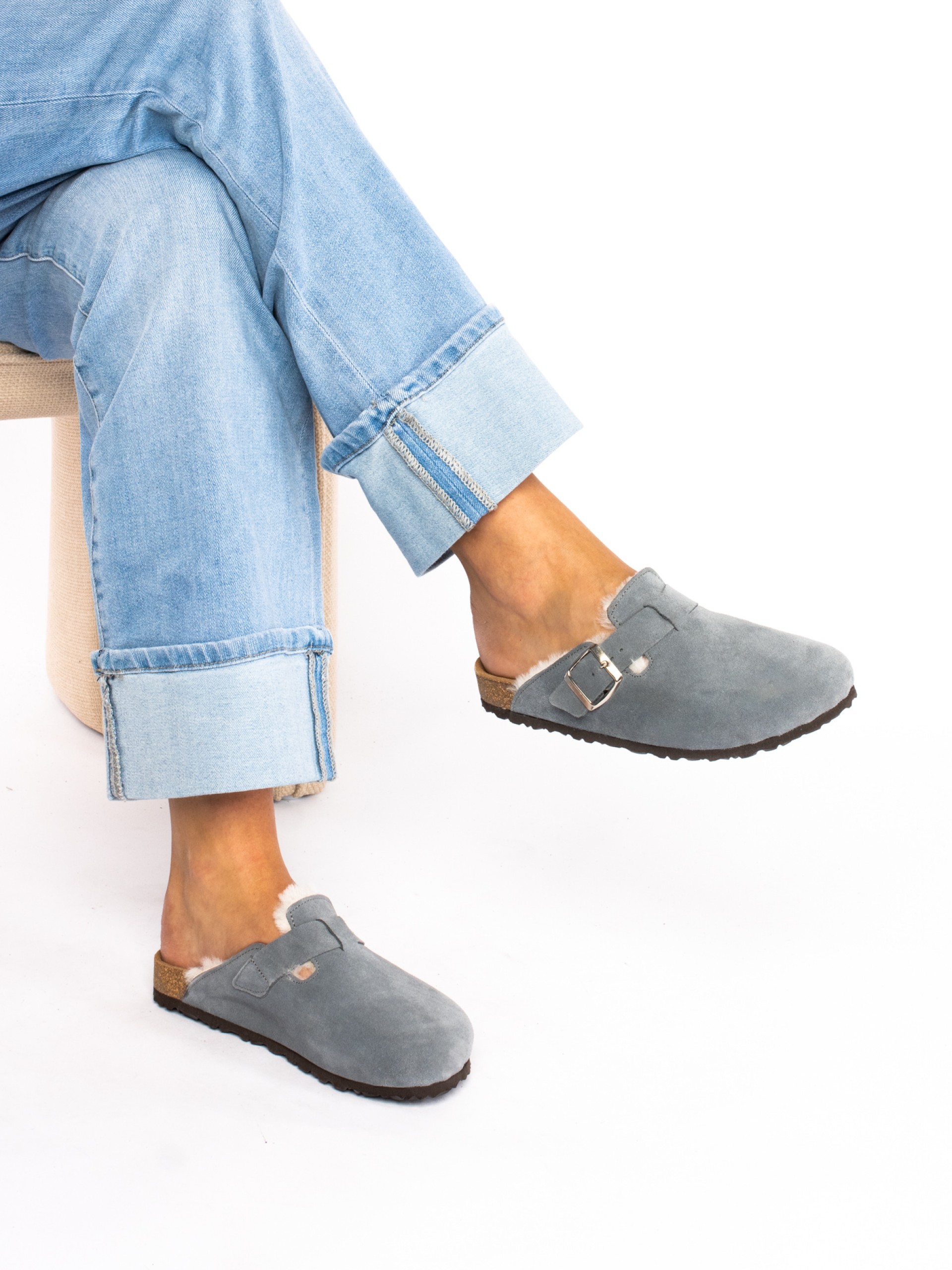 Suede Clogs with Fur