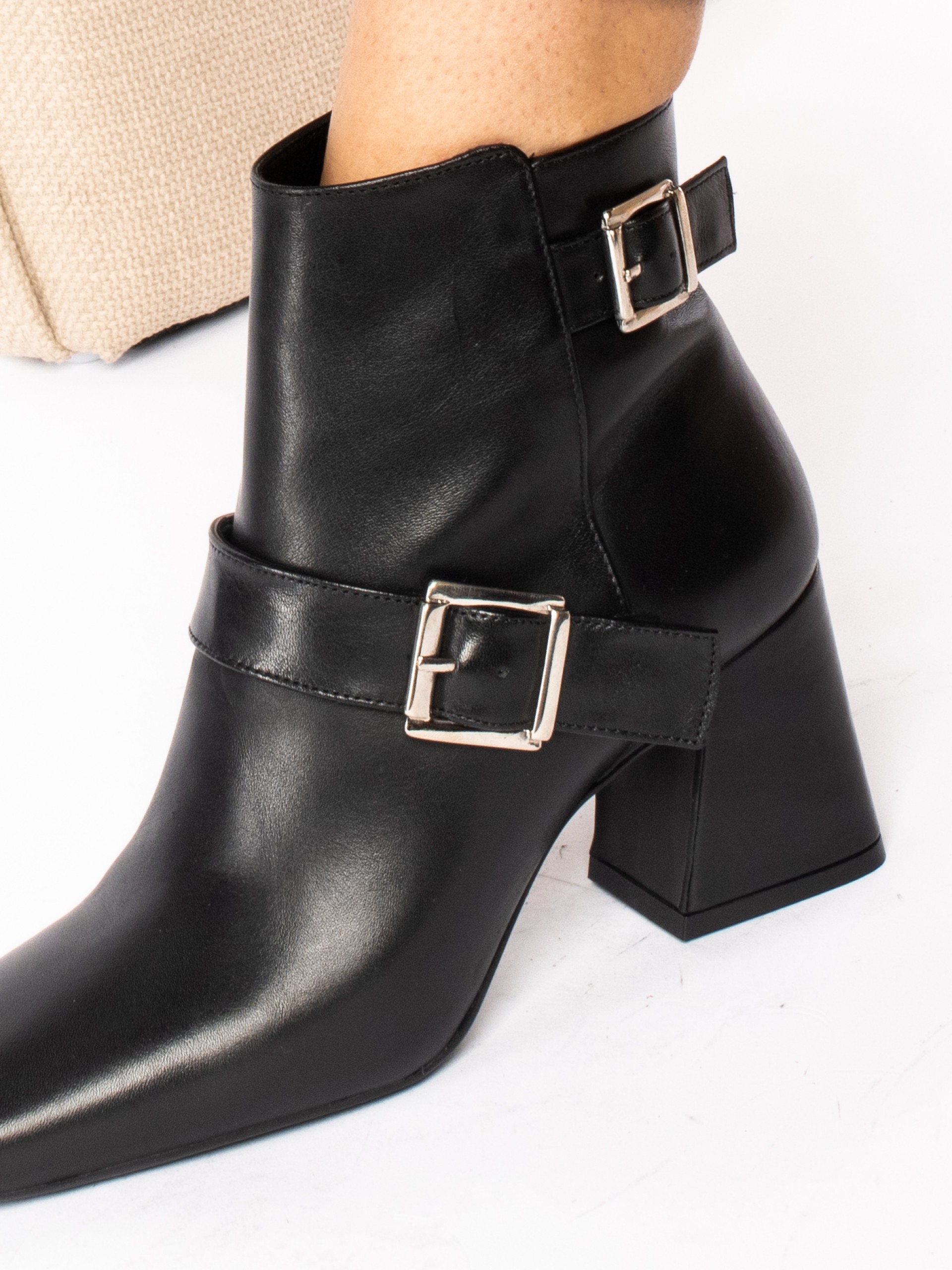 Leather heel ankle boots with buckles