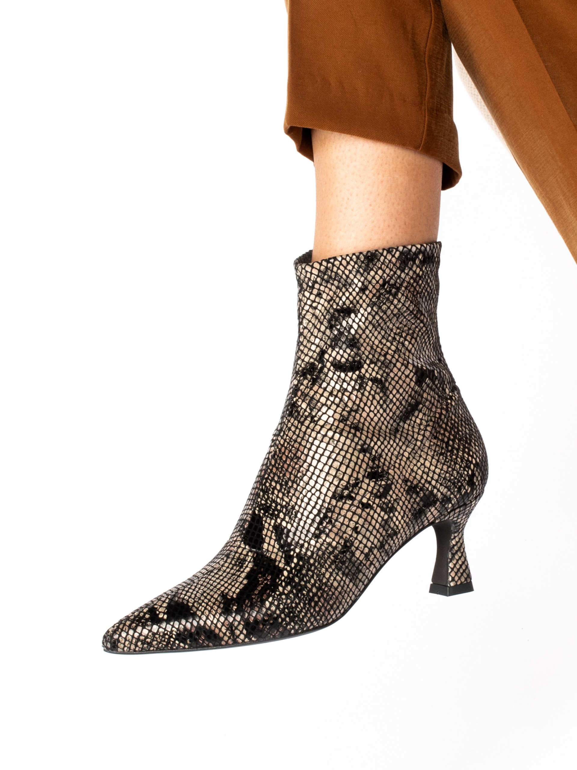 Animal print lycra heeled ankle boots