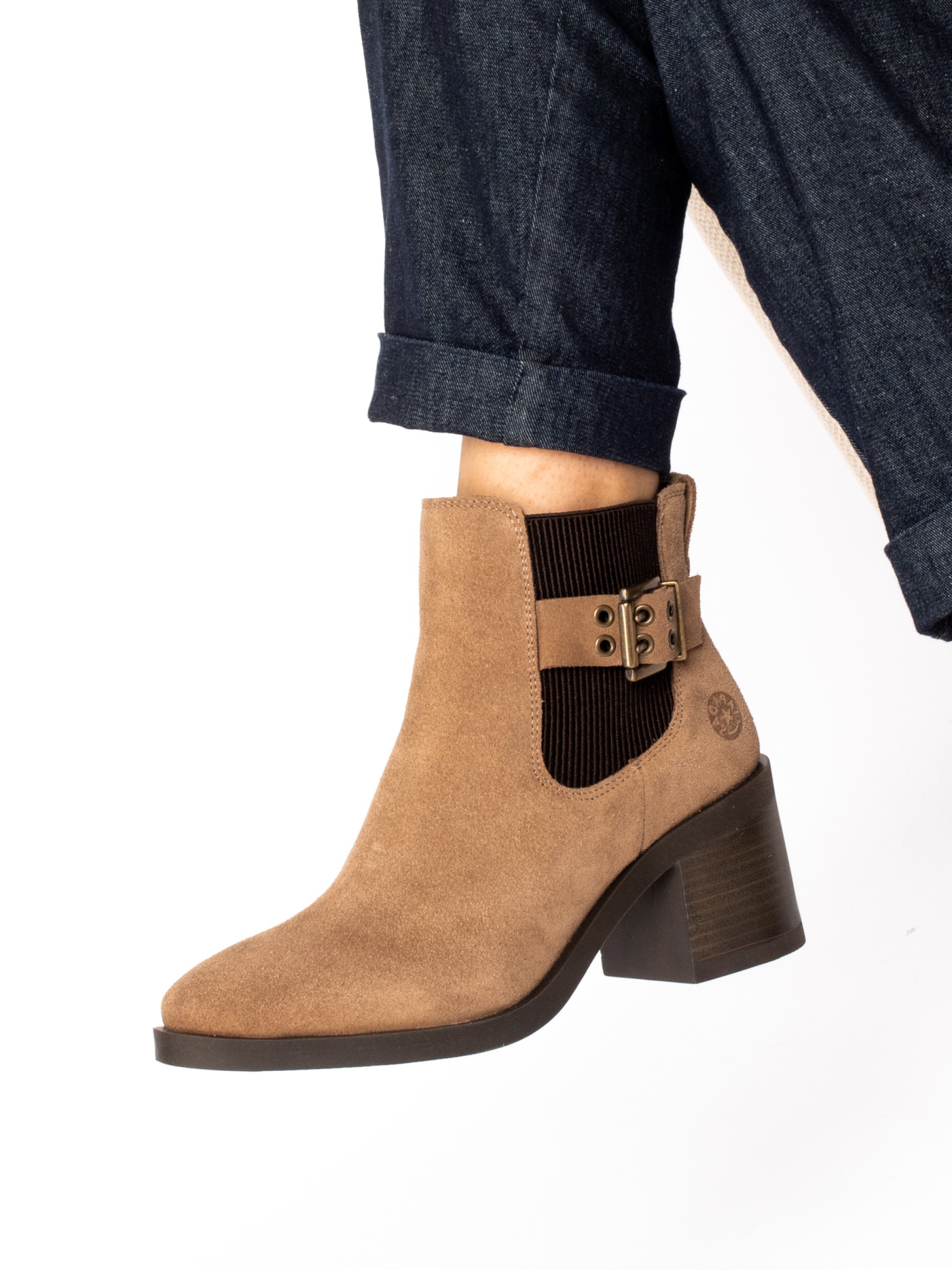 Suede heeled ankle boot with elastic and buckle