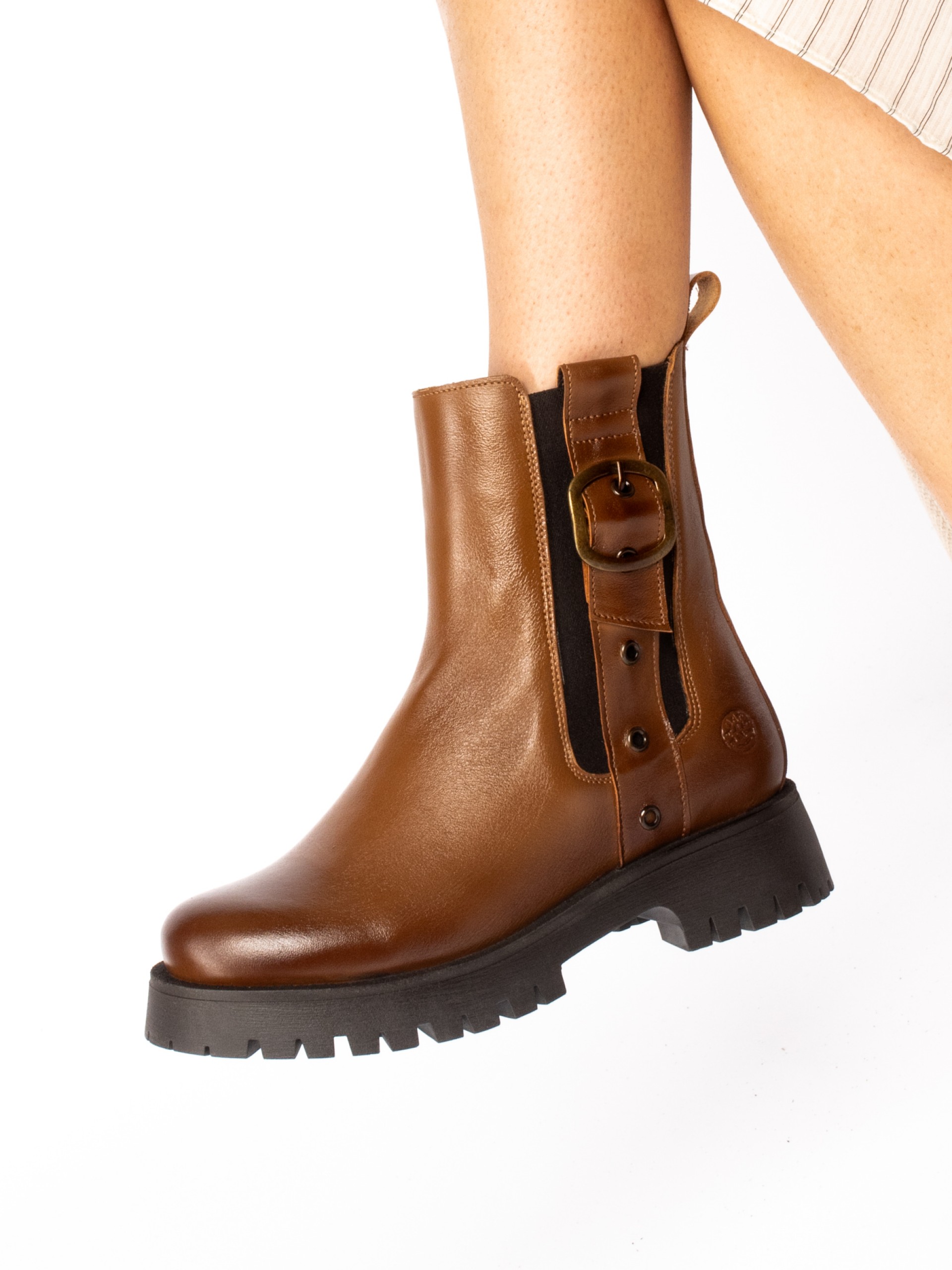 Thick-Soled Leather Boot with Buckle