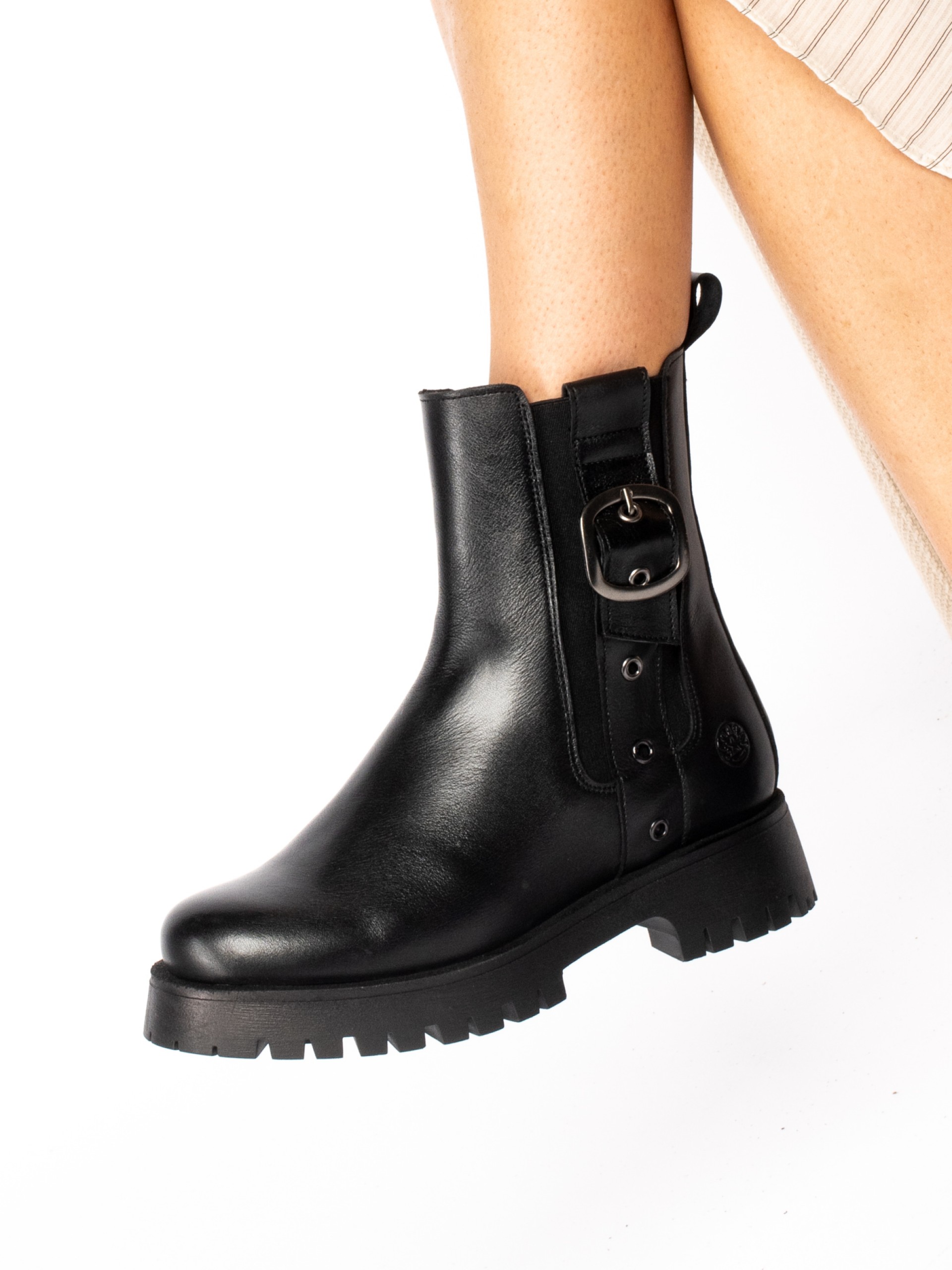 Thick-Soled Leather Boot with Buckle