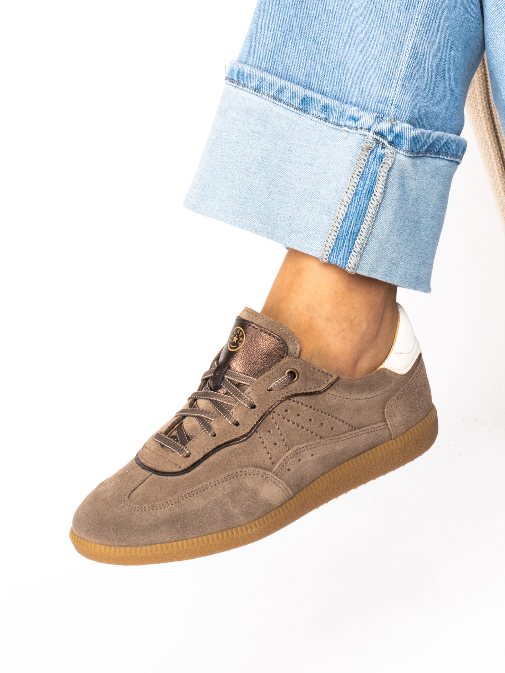 Suede sports shoes with leather detail