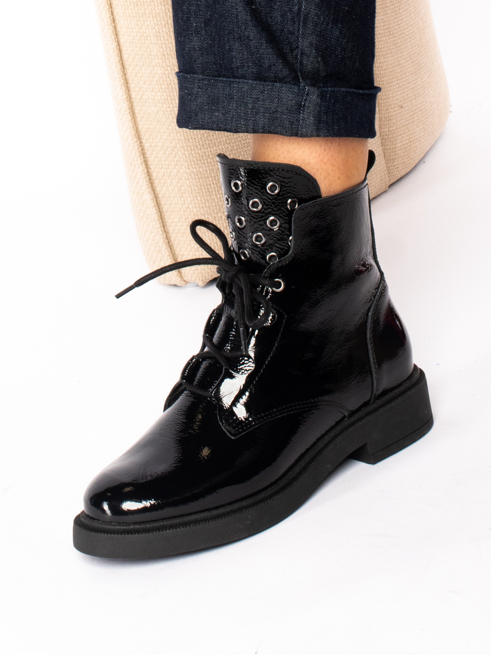 Patent leather lace-up boots