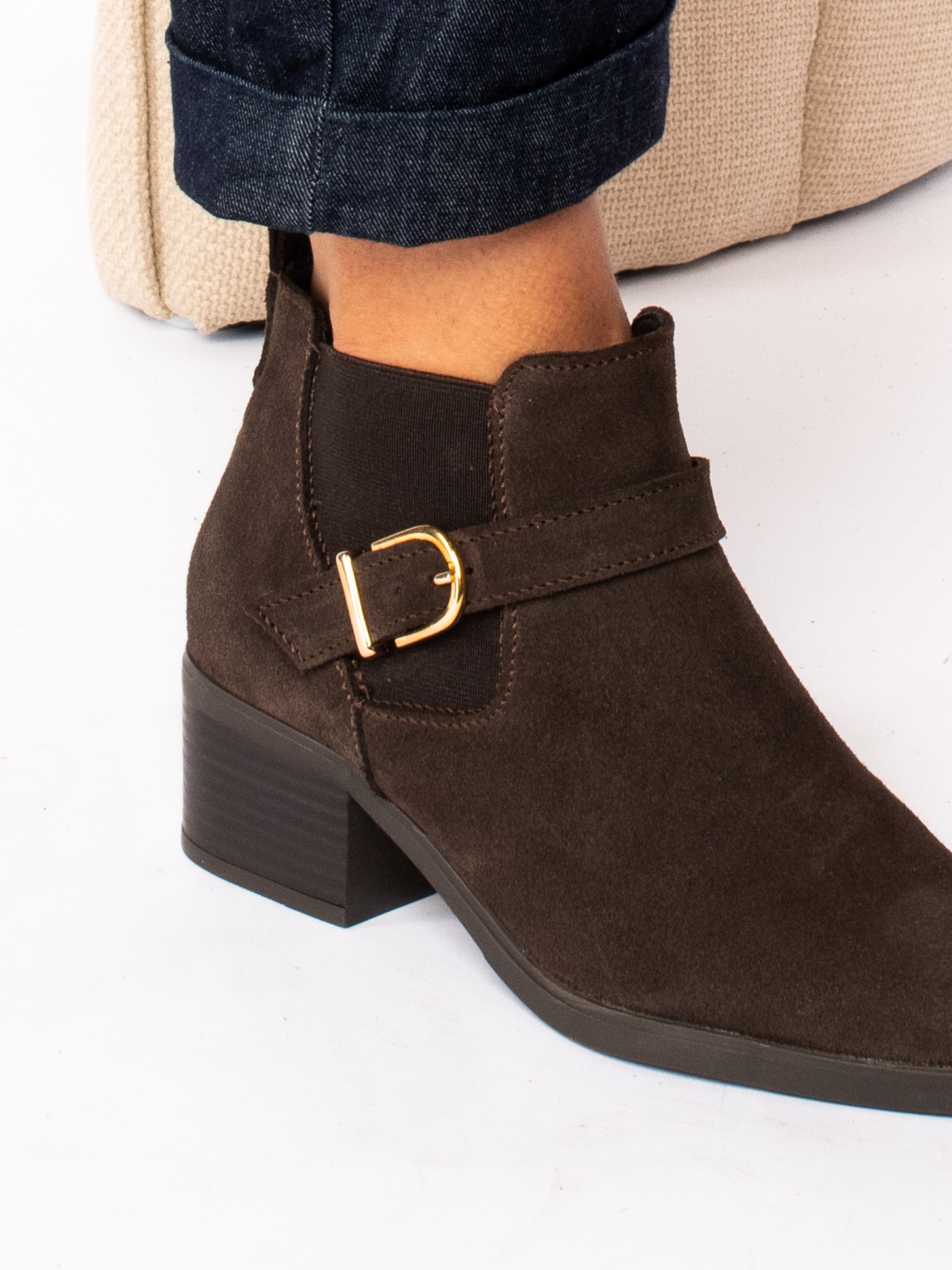 Suede ankle boots with elastic and buckle