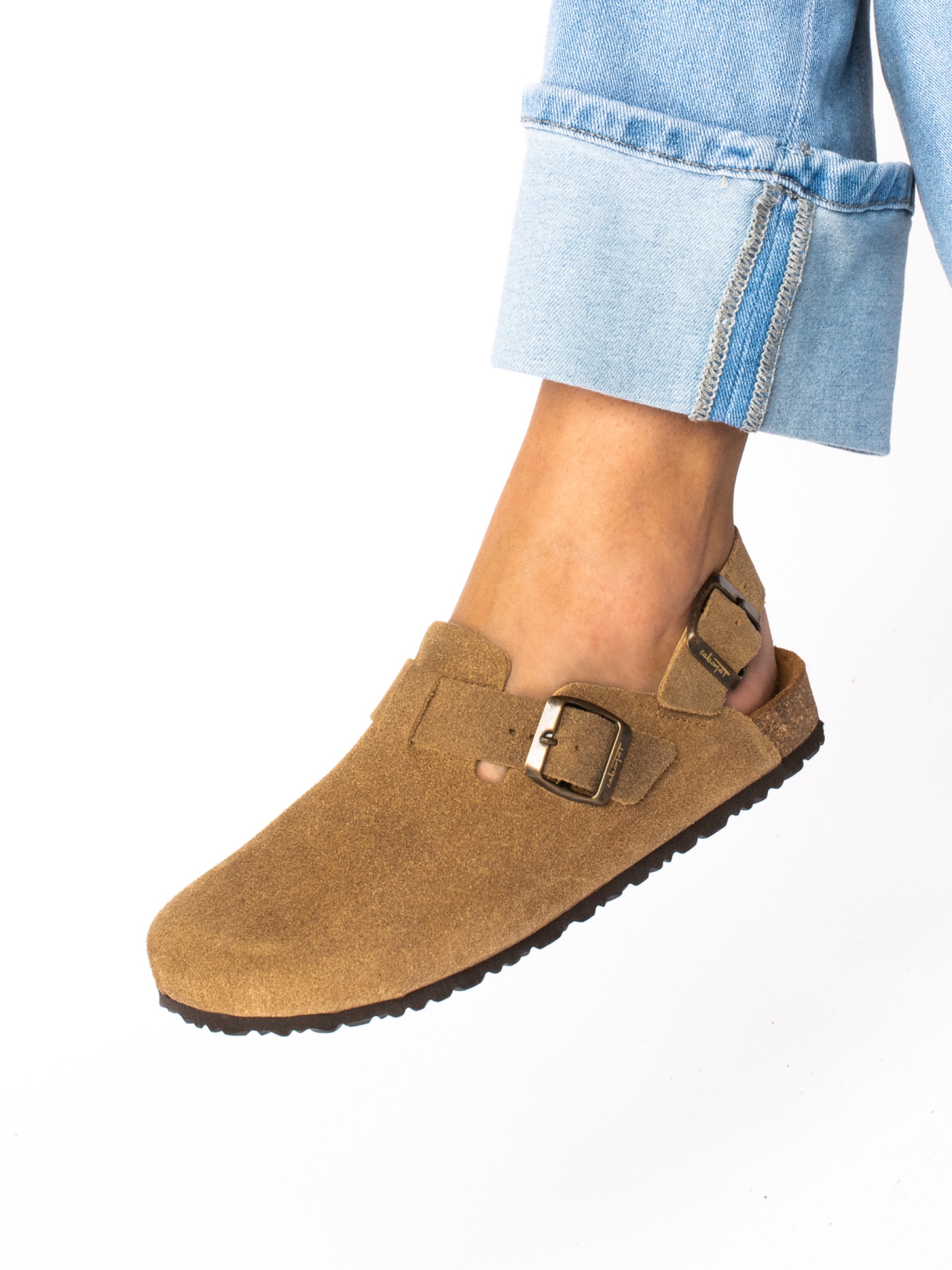 Suede clogs with heel strap