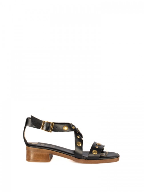 Low-Heel Leather Sandal with Studded Straps