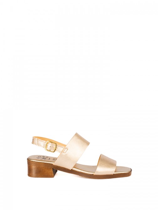 Low-Heel Sandal with Two Metallic Leather Straps