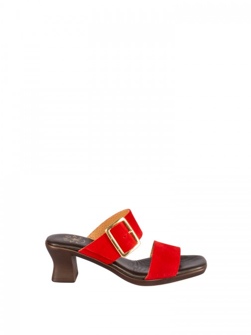 Heeled Mule
with two straps and buckle in suede Heeled Mule
with two straps and buckle in suede