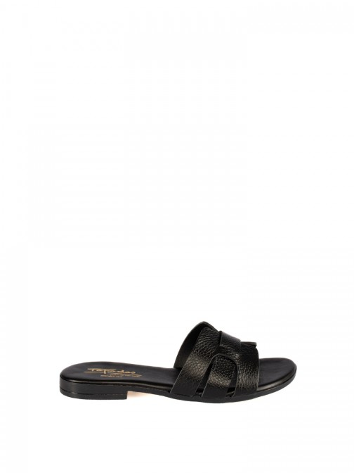 Women�s Black Leather Slide with Crossed Straps