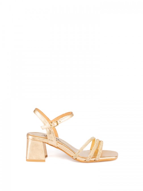 Mid-Heel Metallic Leather Sandal with Rhinestones