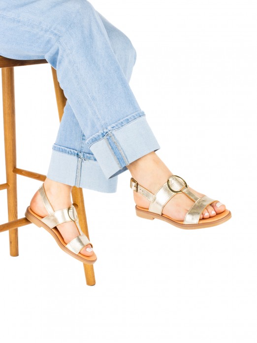 Flat Leather Sandal with Gold Detail Flat Leather Sandal with Gold Detail