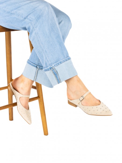 Women’s suede flat mule with studs Women’s suede flat mule with studs