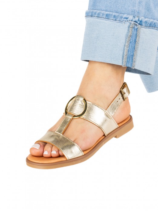 Flat Leather Sandal with Gold Detail Flat Leather Sandal with Gold Detail