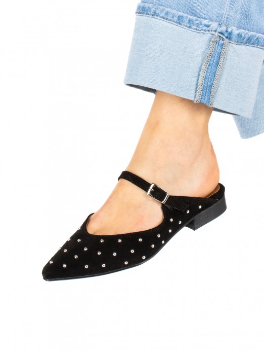 Women’s suede flat mule with studs Women’s suede flat mule with studs