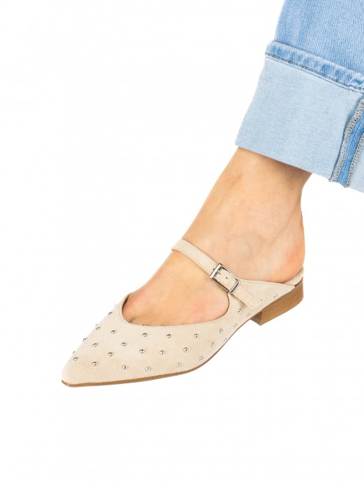 Women’s suede flat mule with studs Women’s suede flat mule with studs