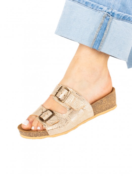 Bio Buckle Sandal in Laminated Animal Print
