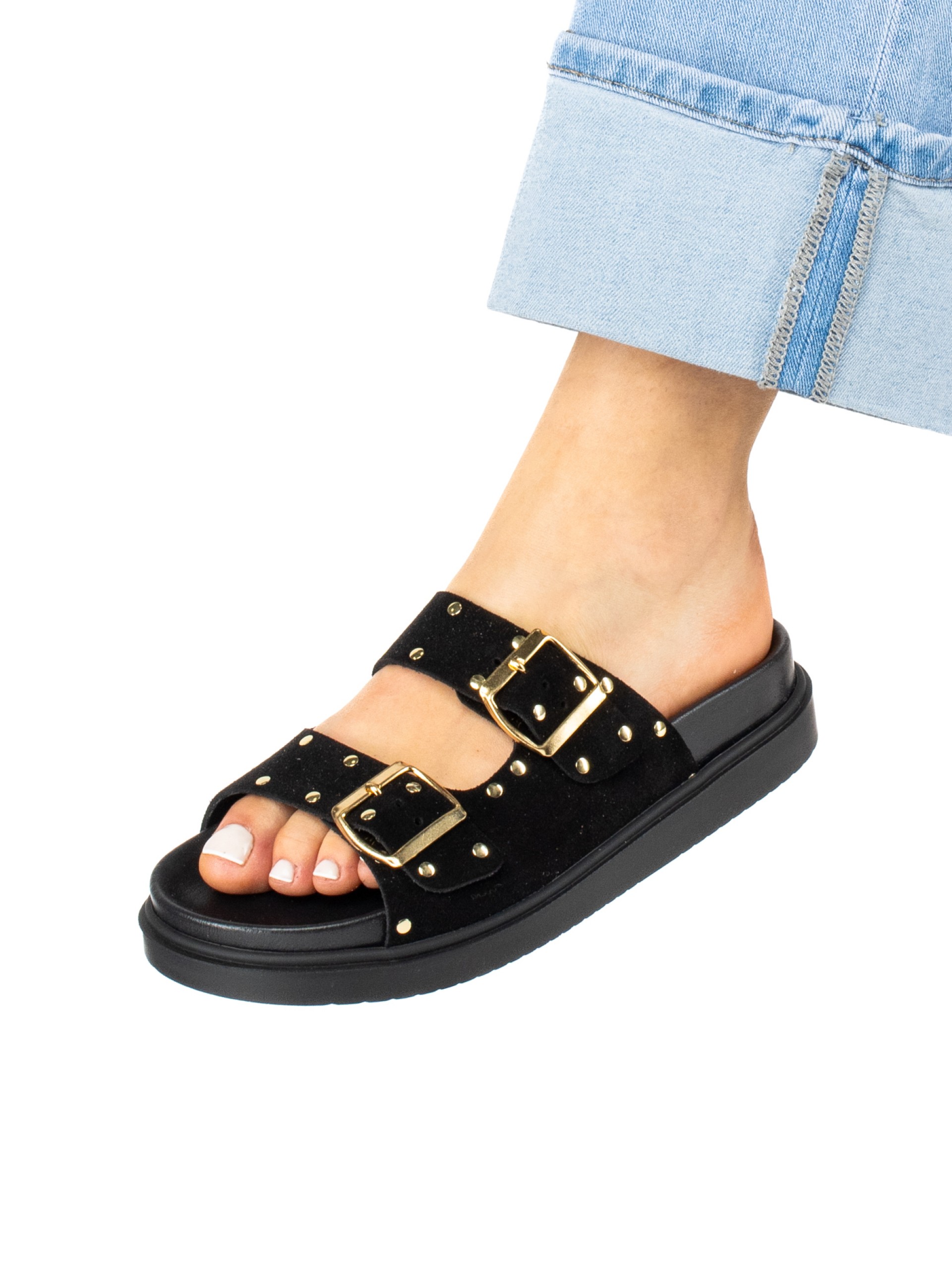 Women’s Suede Slide with Buckles and Studs